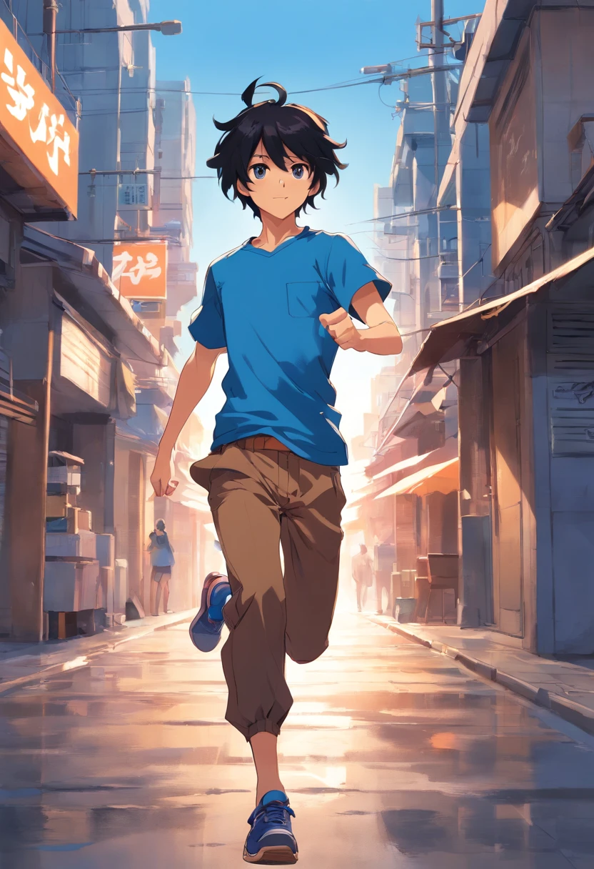 Messy black hair, indigo eyes, birthmark on his right arm with a blue t-shirt and brown pants, running.