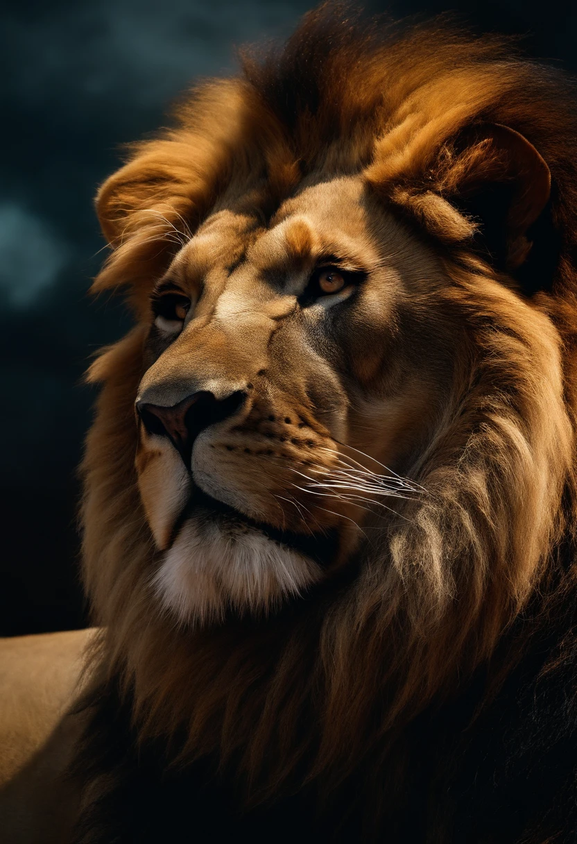 Close-up portrait of a lion, um urso e um coelho, Humanoids and Heroes, in an apocalyptic scenario with an alien, cinemactic, etherial lighting, noite escura e nublada, Intricate Pose and Composition
