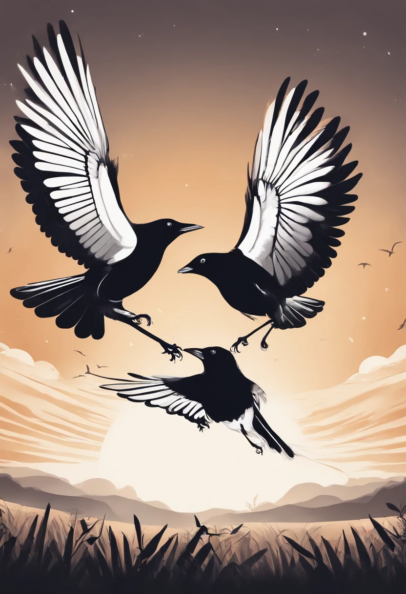 2D illustration, Simple illustration-style line border depiction, Two magpies standing on two legs and swinging dance, Spread your wings, The wings are stacked, Backgrounds are monochromatic, spotlights, Bright atmosphere