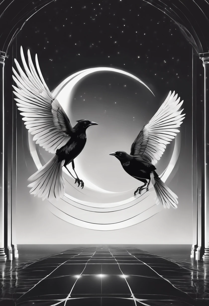 2D illustration, Simple illustration-style line border depiction, Two magpies standing on two legs and swinging dance, Spread your wings, The wings are stacked, Backgrounds are monochromatic, spotlights, Bright atmosphere