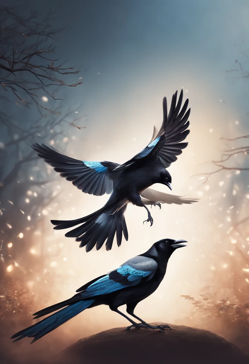 2D illustration, Simple illustration-style line border depiction, Two magpies standing on two legs and swinging dance, Spread your wings, The wings are stacked, Backgrounds are monochromatic, spotlights, Bright atmosphere