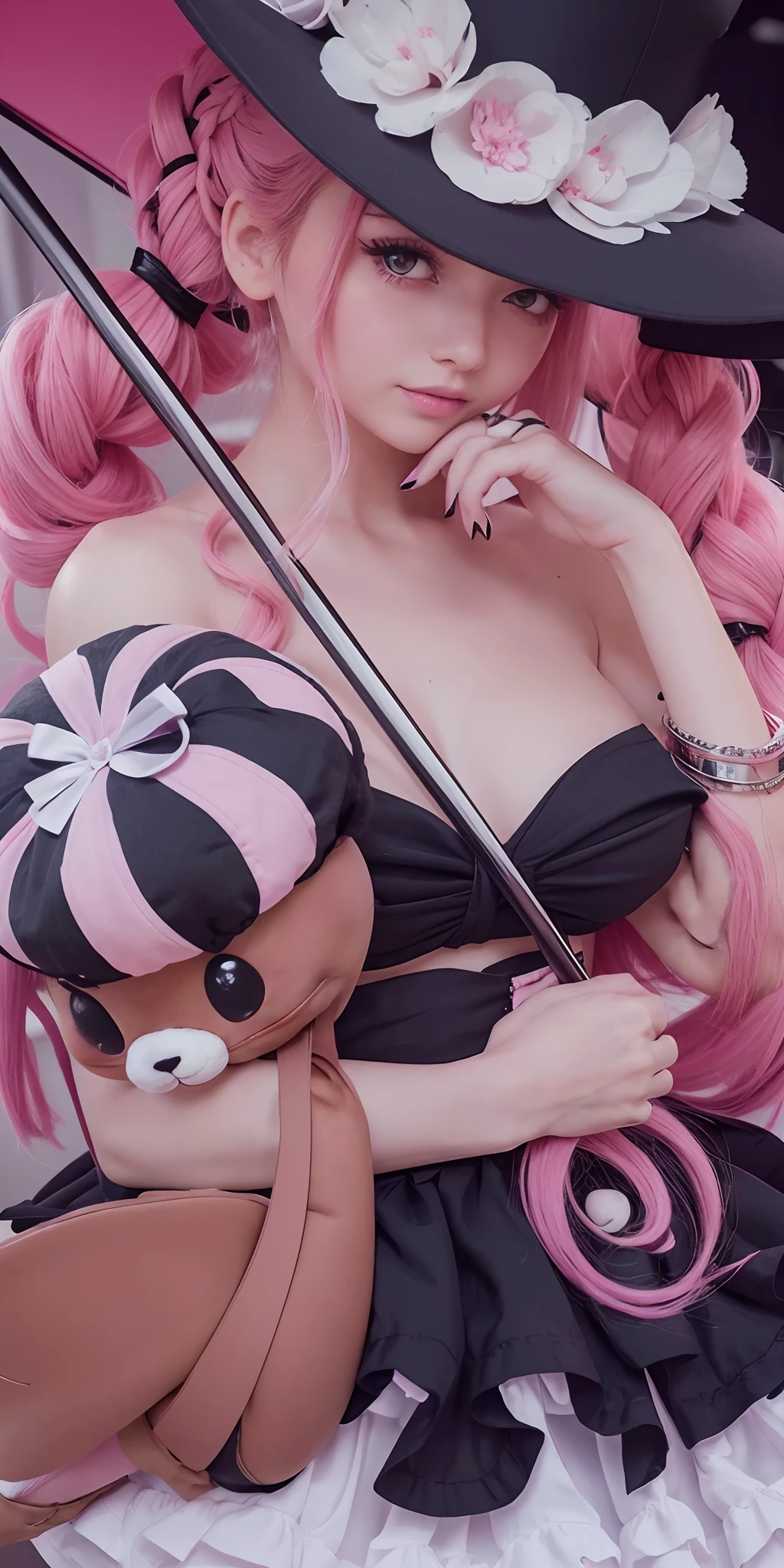 she have a big eyes,beatiful girl,big breast,pink hair,wearing a long black strapless dress with lavender frills, a large black hat decorated with white flowers. She has a tattoo of a pink bat on her left bicep and a watch on her left wrist and wears pink nail polish on her nails. She still has her trademark umbrella, and also carries a stuffed animal resembling Kumashi with her. She wears her hair in several spiral braids at the back of her head.