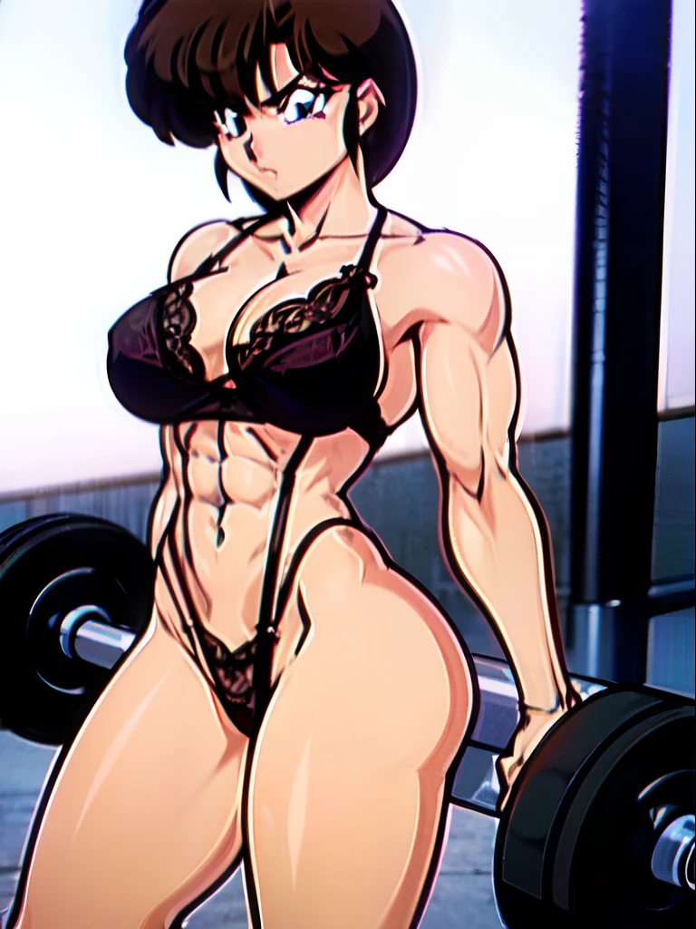 sexy girl with powerful muscles flexing muscles,black lace thong, long legged, sharp contours, dark eyes, strong, gym,angry, powerful