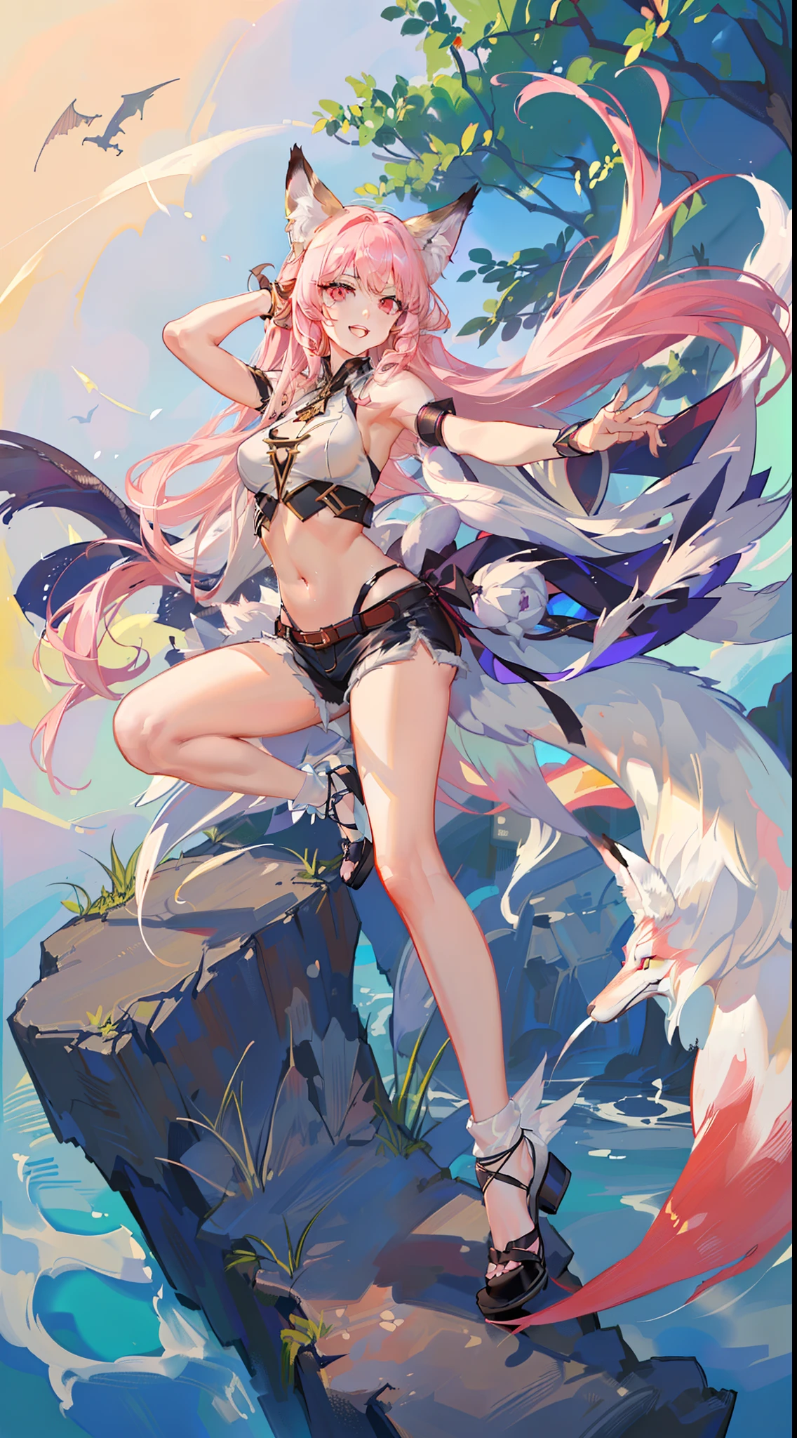 young girl, very long white hair, pink eyes, Fox ears, Very long fox tail, ssmile, opened mouth, Dragon Wings, Flight, white tanktop, Sleeveless, Shorts, open belly, Masterpiece, hiquality, 4k, HD, Good detail