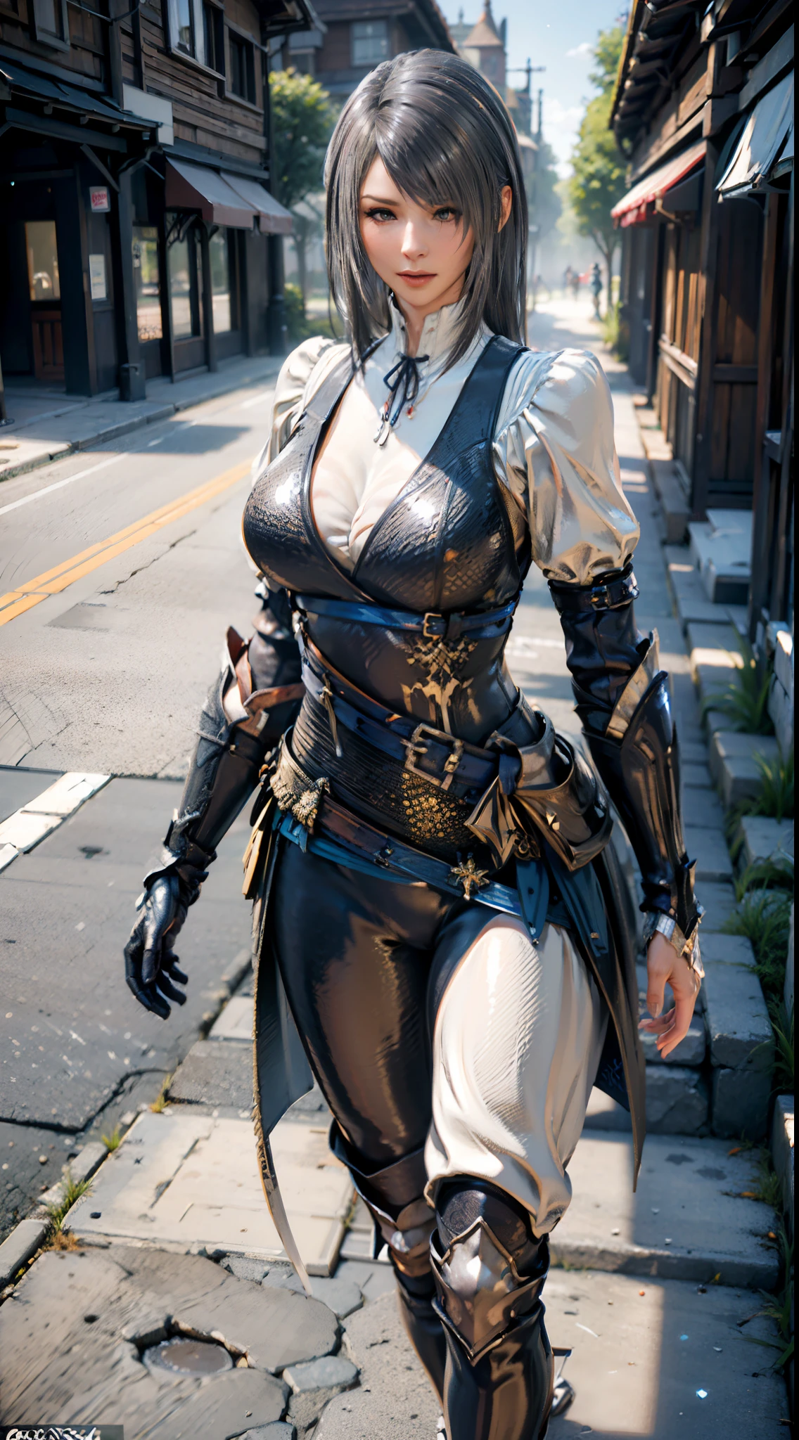 ((unreal enginee 5)), lifelike rendering, excellent, full armor, Nightcloak, Helm, (Yoga Hot Pants), looking in camera, Sexy pose walking down the street, Beautiful face, makeup, CGI Mix, (Photorealism:1.2), Ultra-realistic UHD face, Slim waist, an hourglass figure, Half body, ((Glowing skin)), ((Shiny skin)), Realistic body, ((She has a sexy body)), ((Clean skin)), Photorealistic, Bokeh, Motion Blur, masutepiece, hight resolution, 1080p, Super Detail, Textured skin