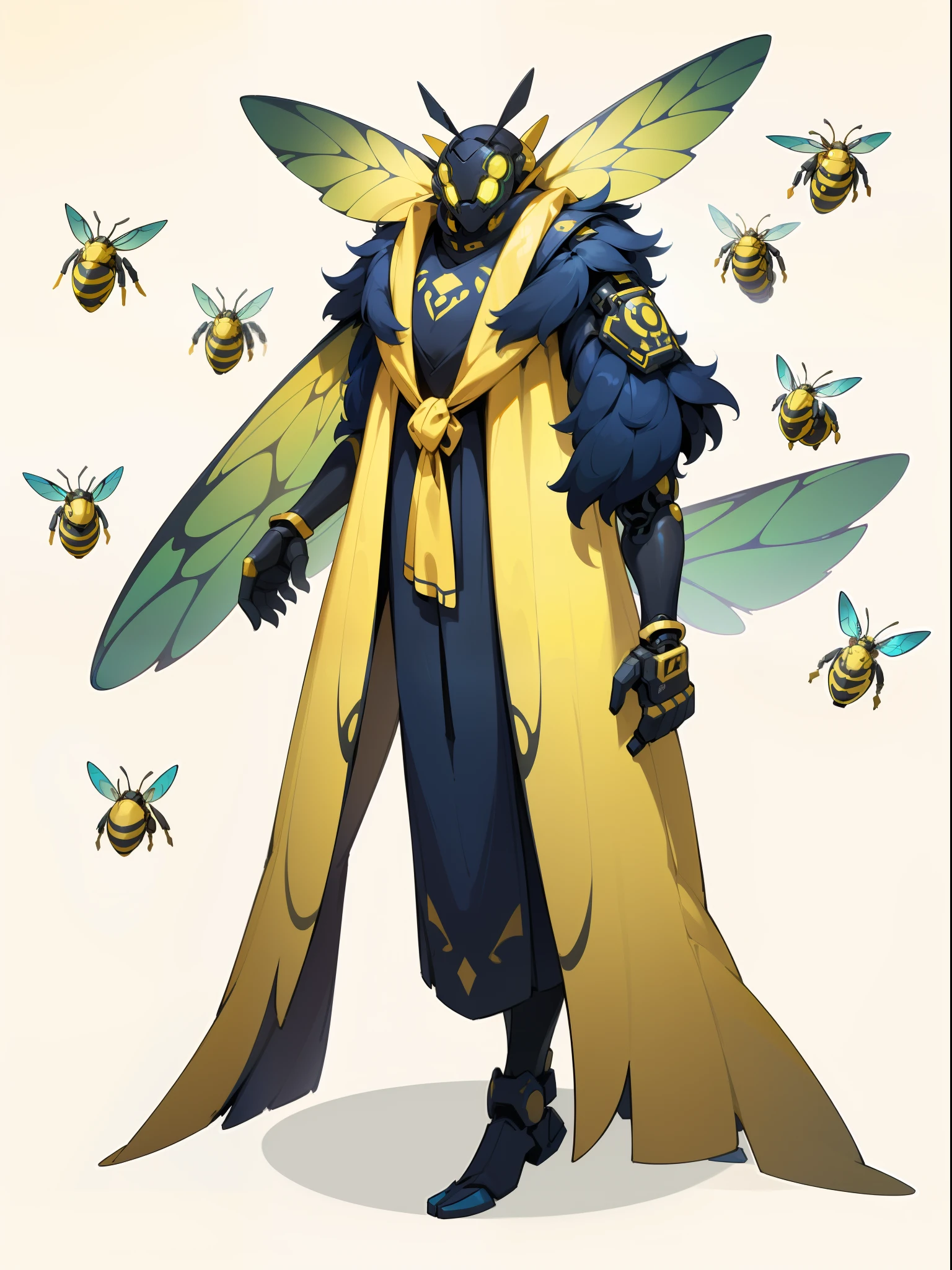 1 Anthropomorphism of bees, Full body standing painting，Solo, (tmasterpiece，top Quority，best qualtiy), ((Anthropomorphism of bees)), 独奏, Holding a black and yellow stick, (The main colors are yellow and black), human structure bee concept art, character design contest winner, cyberpunk bee, Great character design, Cyborg Wasp, Fantasy beekeeper, （（cyber punk style，machine arm，Hologram aura，Surreal Science Fiction Art，Future Science Fiction Aesthetics））, biopunk cyborg wasp, interesting character design, insect trainer girl, no type, cushart kenz, cyberpunk cyborg wasp, full body concept, high quality character design, character design art, ((very simple background))、(Game character design), white backgrounid（（（flatcolors）））