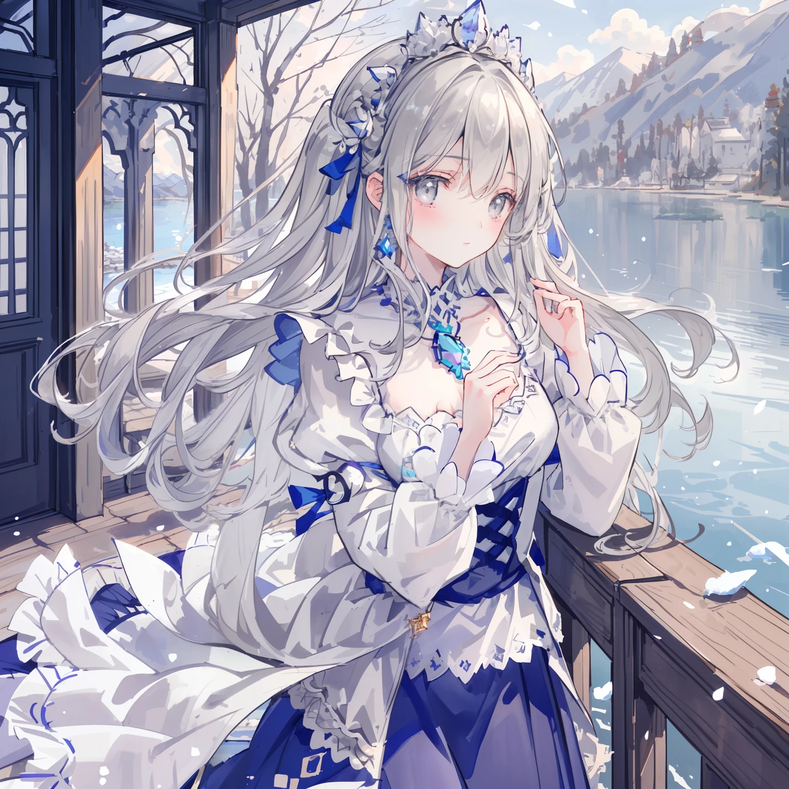 (Masterpiece), (Best Quality), (1 Girl)), Amazing, Beautiful Detail Eyes, Fine Details, Depth of Field, Original, ((Best Quality)), ((Super Detailed)), (Best Illustration), (Best Lighting, Best Shadow), (Very Delicate and Beautiful)), Very Detailed Wallpaper, Dream Background, From View, Landscape, Young Girl, Lori, Full Body, Long White Hair, (((Gray Eyes)), Beautiful Detail Eyes, Medium Breasts, (((Cobalt Long Skirt)), Fluffy Long Sleeves, Hair Accessories, necklace, winter, light, light makeup, outdoor, blush, by the lake, looking into the distance, wind blowing, floating, on the boat