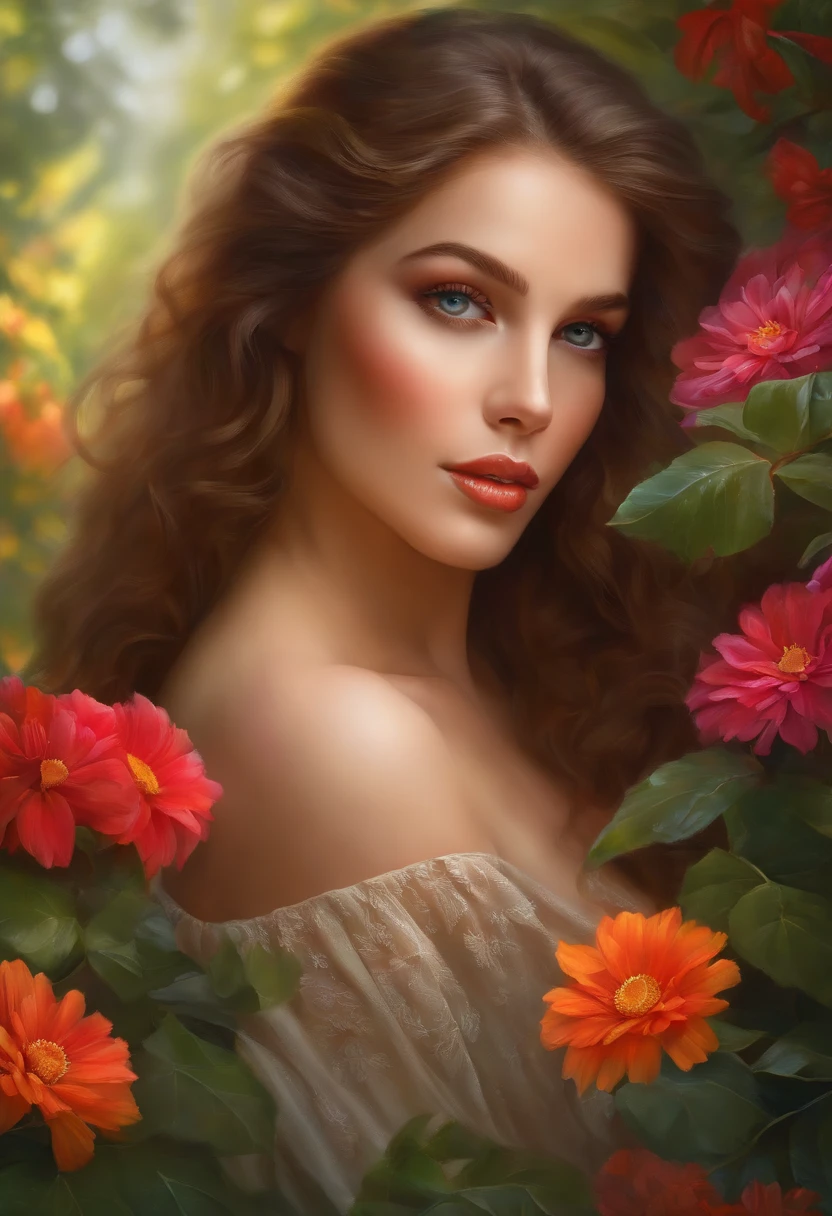 beautiful detailed eyes,beautiful detailed lips,extremely detailed eyes and face, long eyelashes, oil painting, colorful garden, vibrant flowers, sunlight filtering through the trees, soft shadows, best quality, ultra-detailed, realistic, vivid colors, warm color palette, natural lighting
