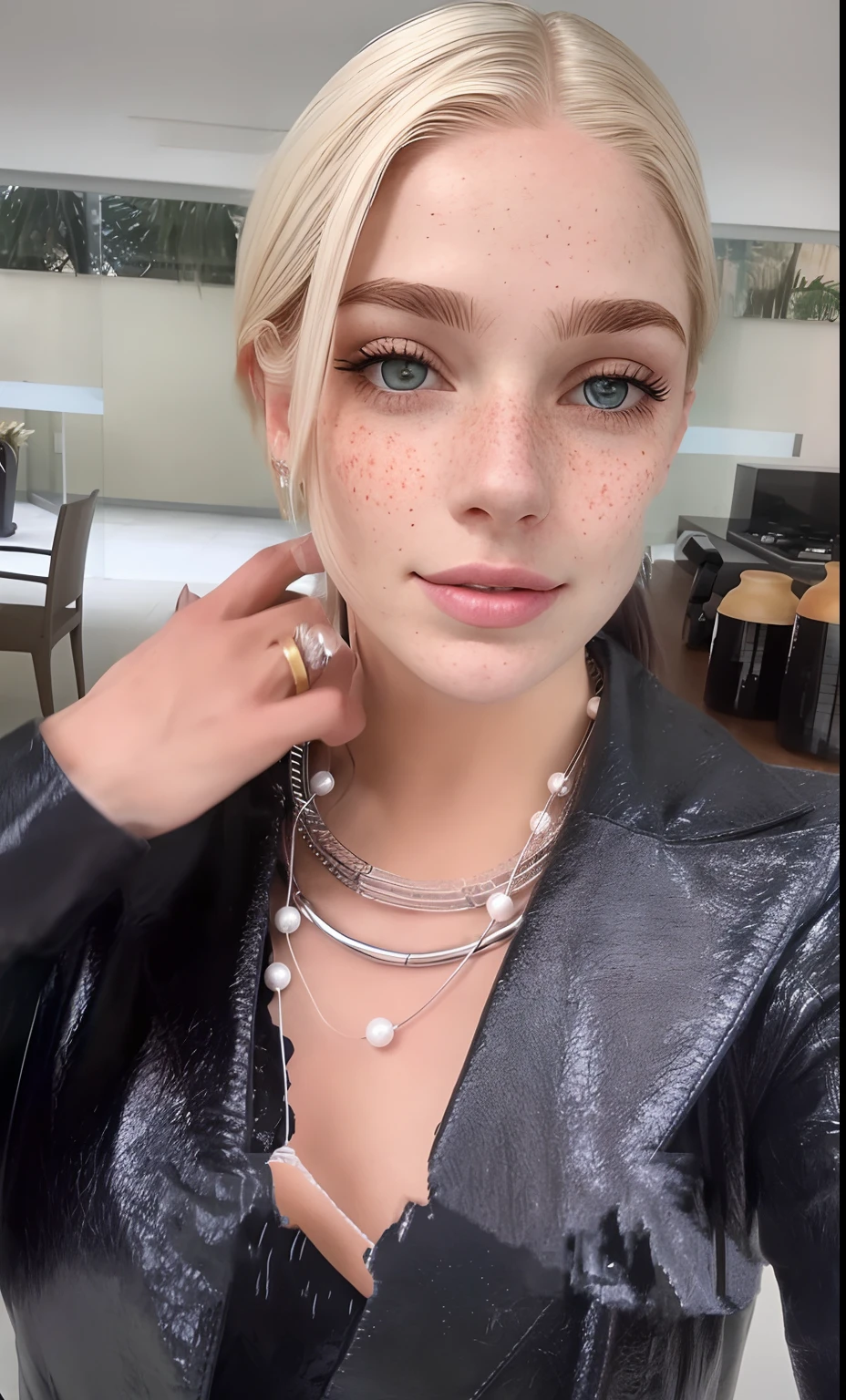 Rosto de uma mulher, americana, 25 anos, pale skin and freckles, olhos cinzas, nariz delicado, soft and delicate lips, cabelo blondie cinza longo e ondulados, sorriso meigo