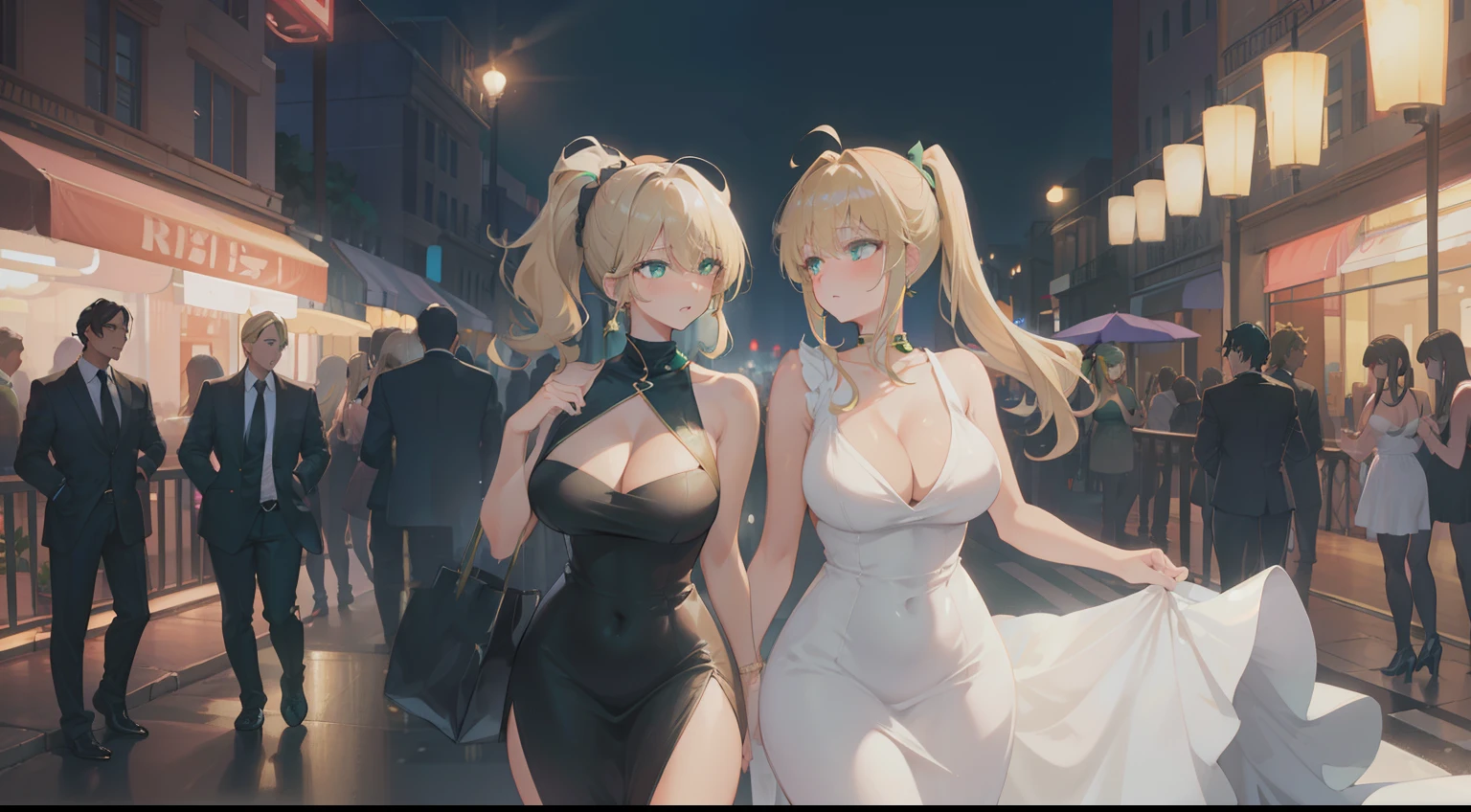 night streets, large teardrop breasts, side bangs, hair over eye, long ponytail, very intense tanned skin, dark blonde, green eyes, deep cleavage, classy luxurious party dress in black with gold details, ultra detailed, perfect face, thicc,