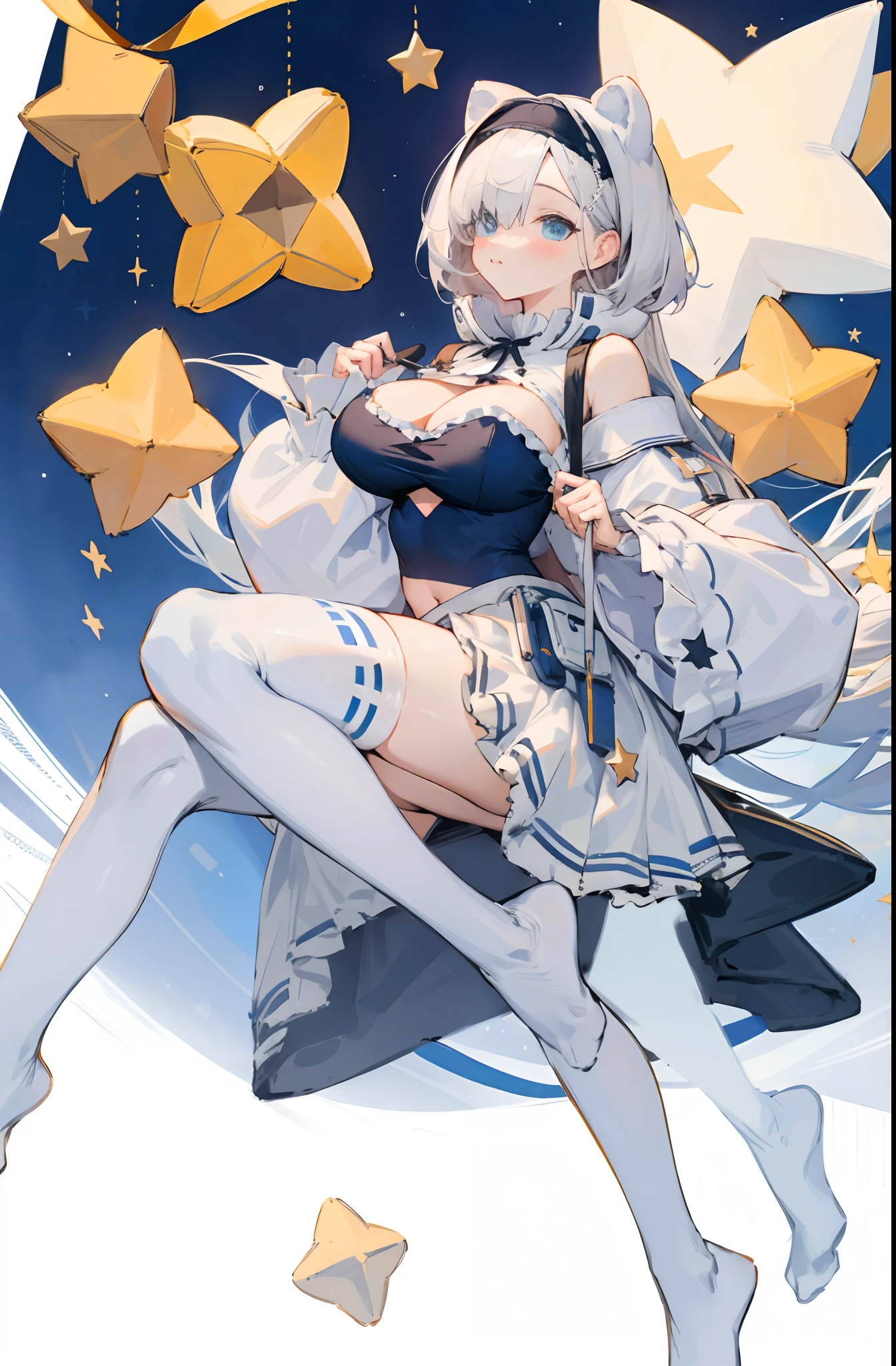 Bigboobs，No shoes，cropped shoulders，White knee-length stockings，White Lolita skirt，Star decoration