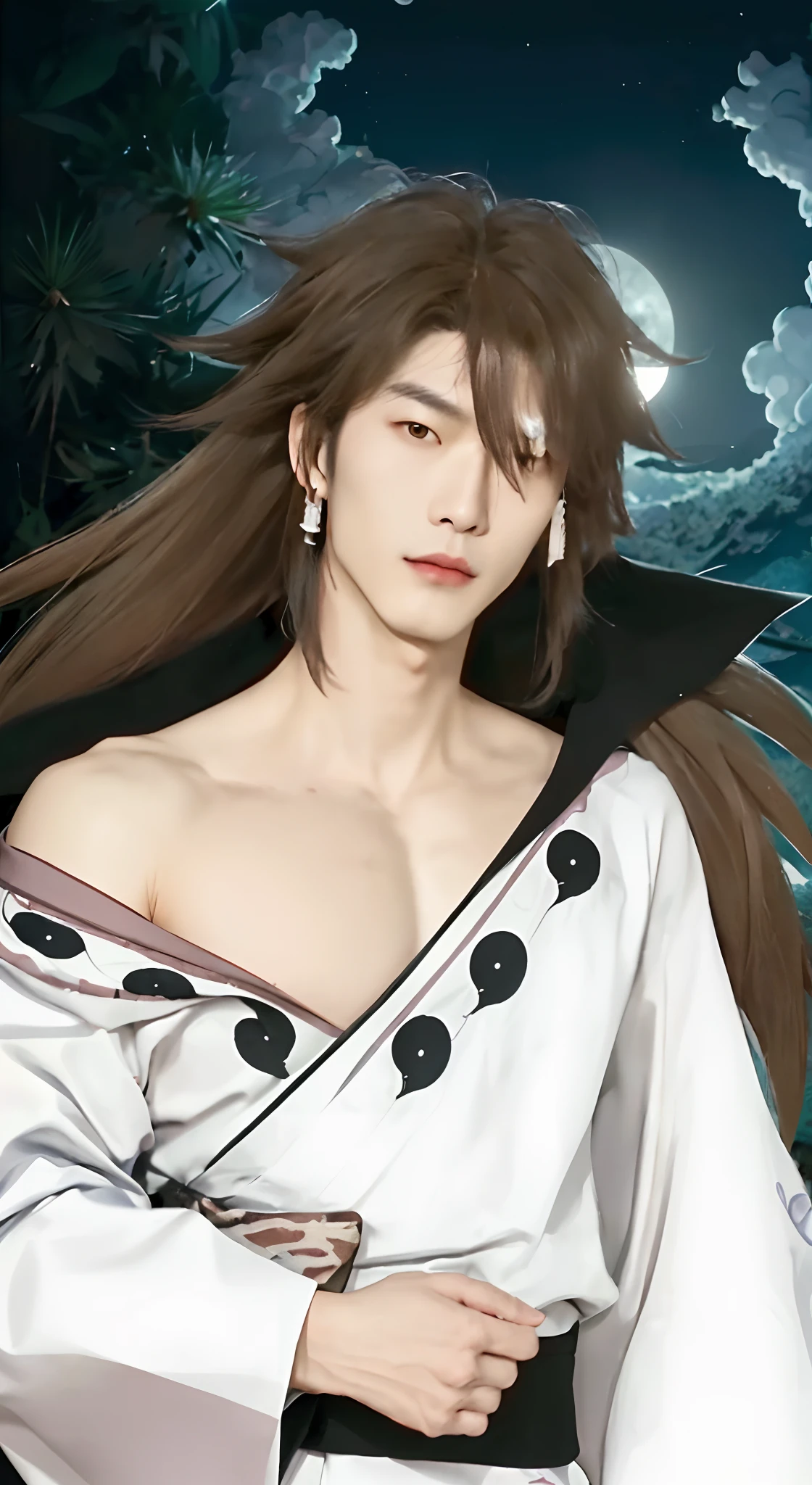 Real life adaption of this character, Korean Handsome face, cool expression (realistic same hair long spiky, realistic same kimono outfit,(same logo printed on his outfit), realistic background Nature with moonlight view, hyper realistic, realism, realistic light, realistic shadow,(photorealistic:1.2), looking to viewer,same accecories in the head, muscular man body