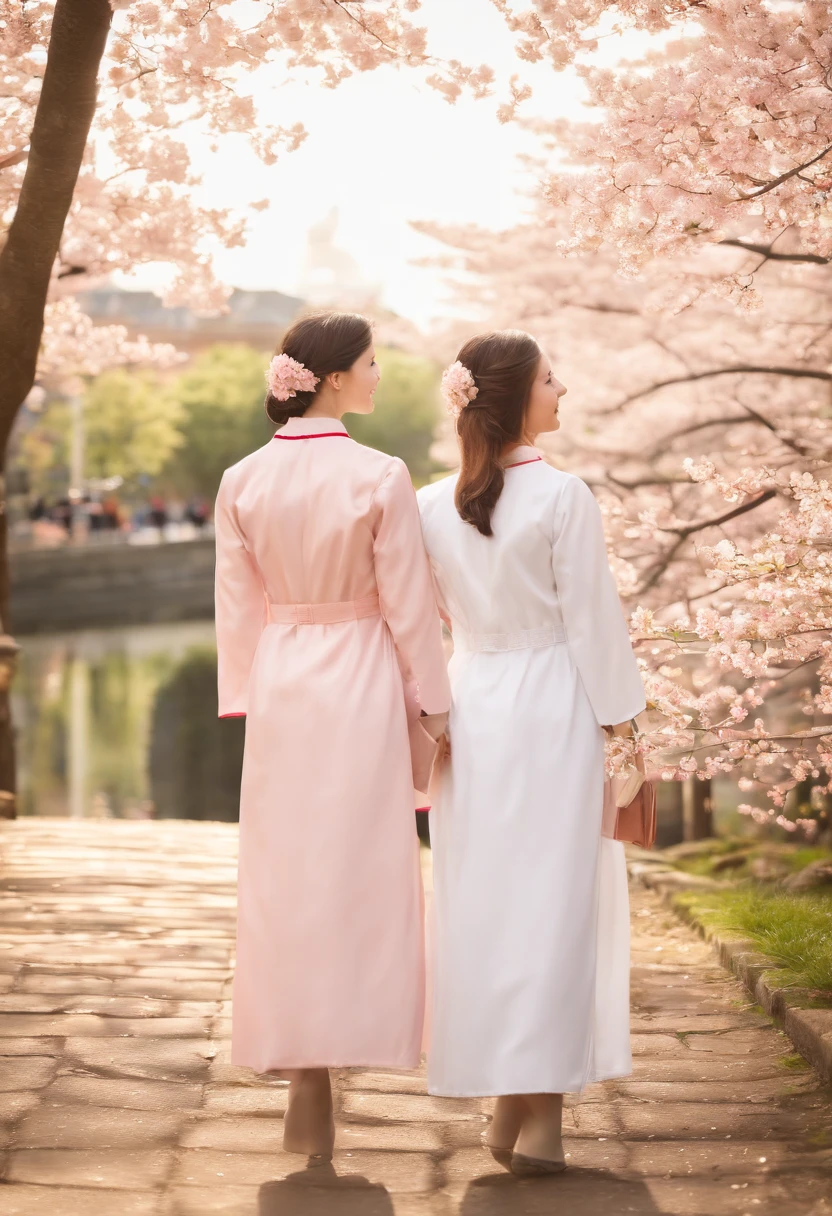 Academic dress, Academic robes, Mortar board, Square cap, University campuses, Buildings, Cherry blossoms, Smiling, 2girls, detailed uniform, view the viewer, (SIGMA 85mm f1.4), Depth of field, Bokeh,  Detailed realistic background, diffused natural sunlight, diffused natural skin glow, Face focus, Extremely detailed, (abstract backgrounds, zentangle, Fractal art:1.3), (many color, Colorful:1.1), (feater, petals, Flowers:1.3), Earrings