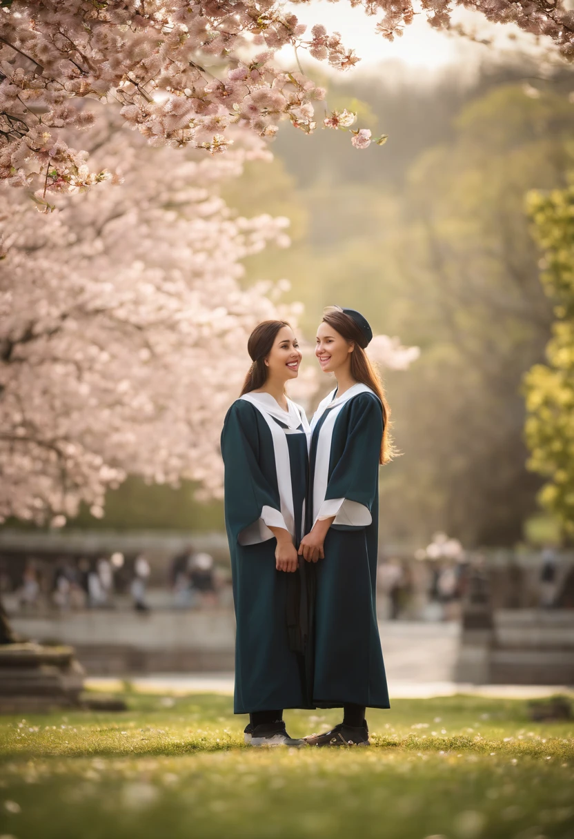 Academic dress, Academic robes, Mortar board, Square cap, University campuses, Buildings, Cherry blossoms, Smiling, 2girls, detailed uniform, view the viewer, (SIGMA 85mm f1.4), Depth of field, Bokeh, Detailed realistic background, diffused natural sunlight, diffused natural skin glow, Face focus, Extremely detailed, (abstract backgrounds, zentangle, Fractal art:1.3), (many color, Colorful:1.1), (feater, petals, Flowers:1.3), Earrings