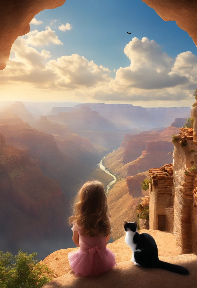 Castle in the Sky、teens girl()、cat ear、tail、tshirts、overall、Precipitous cliffs、Grand Canyon、Mountains in the distance、Village in the distance、blue open sky、white clouds、A bird is flying in the sky、sun