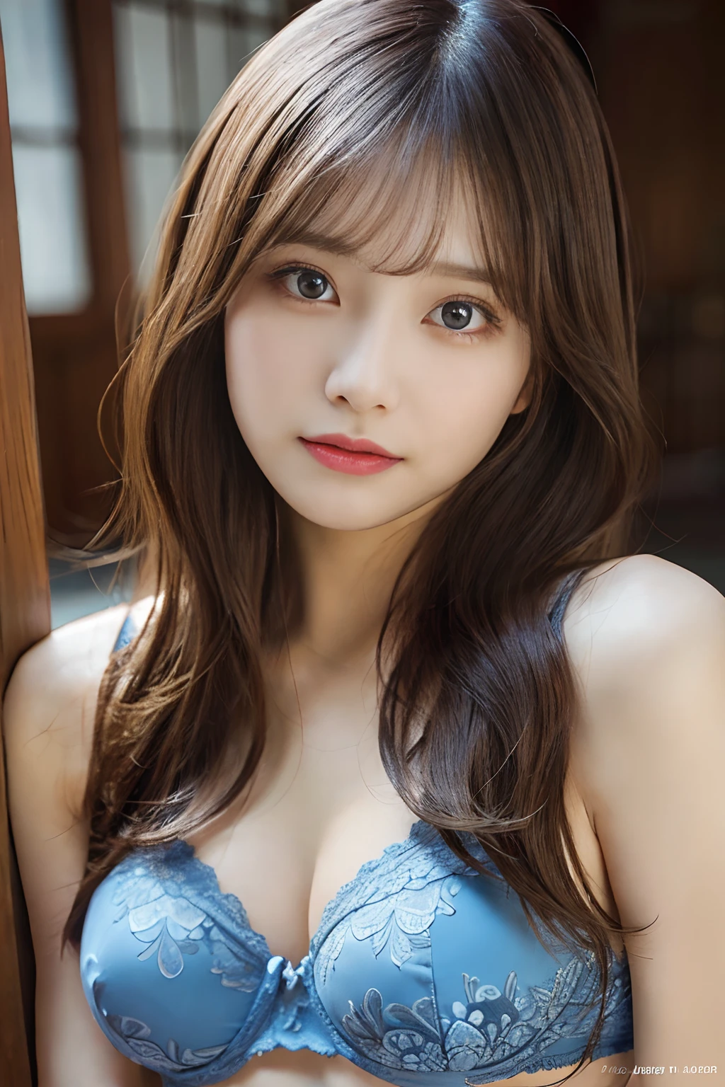 (RAW photo: 1.2), top quality, beautiful detailed woman, underwear, blue floral underwear, wavy long brown hair, highly detailed eyes and face, beautiful detailed brown eyes, long eyelashes, huge file size, high resolution, 8k wallpaper, fine details, ((crying face)), light on face, movie lighting, 20 year old woman, Japanese, sexy pose, (photorealism: 1.4), ((sit straight)), ((cover both breasts with hands))