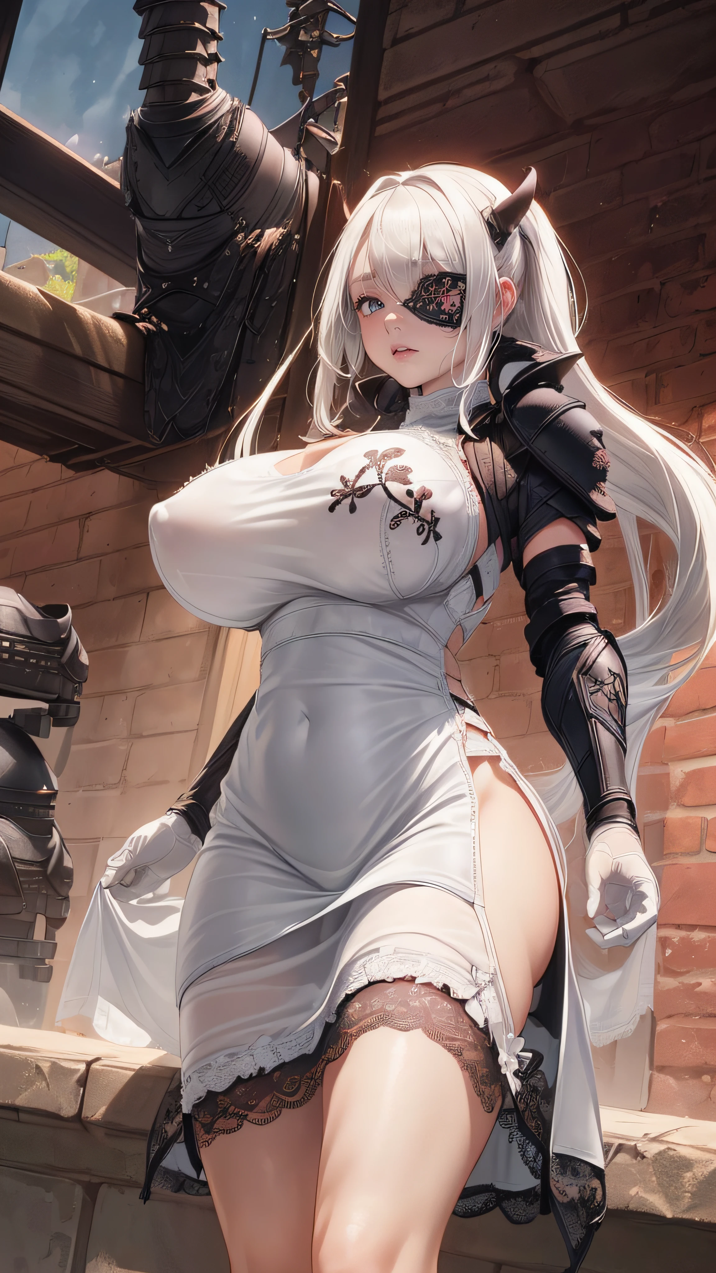 (from below:1.5),((1girl:1.5),curvy,petite,beautiful breasts,(gigantic breasts),pale skin,(pointy breasts),(erect nipples)),((realistic:1.2),8k,ultra hd,high resolution,best quality,masterpiece,(Sense of presence:1.5),(Dynamic:1.5),(bold:1.5)),(long High ponytail:1.2),(thin hair:1.8),(straight hair),(Swept long bangs:1.5),(extra light coppery amber hair),((hair over one eye:1.2)),((clothed:1.2),leather boots,leather gloves,(asymmetrical carbon armor:1.5),(embroidered white lace dress:1.5),(see through:1.2),(long silk sarong))),(pool side,sunlight),(porn image)