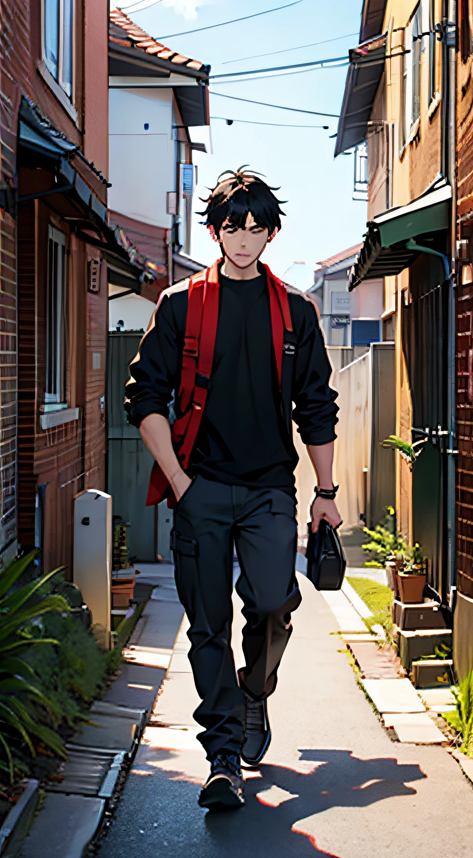 Black-haired boy、irate、Red brick in hand