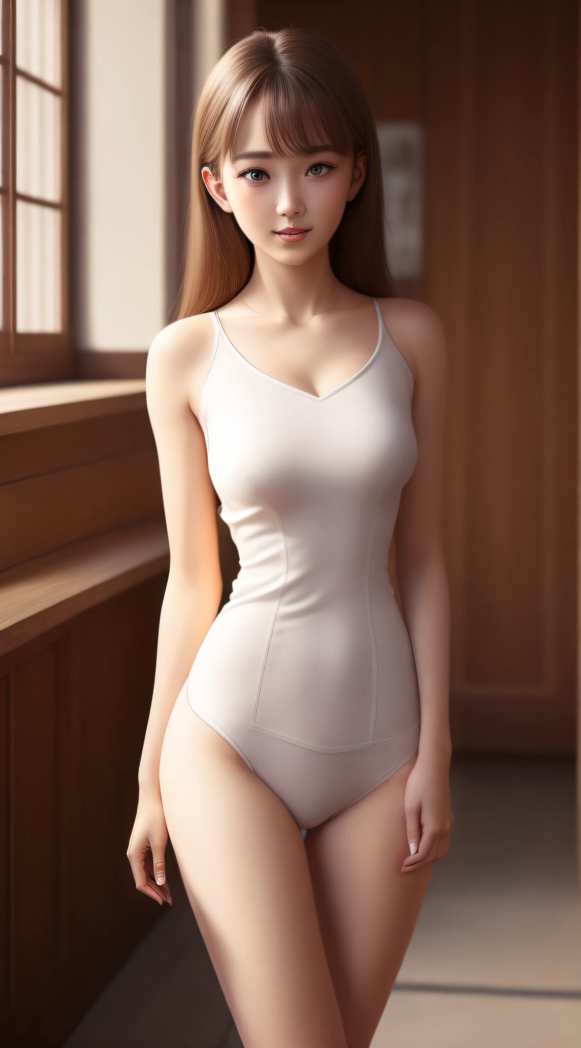 Best quality,masterpiece,ultra high res,(photorealistic:1.4),anime girl,shoulder,charming, full body, slim legs, Looking at the camera