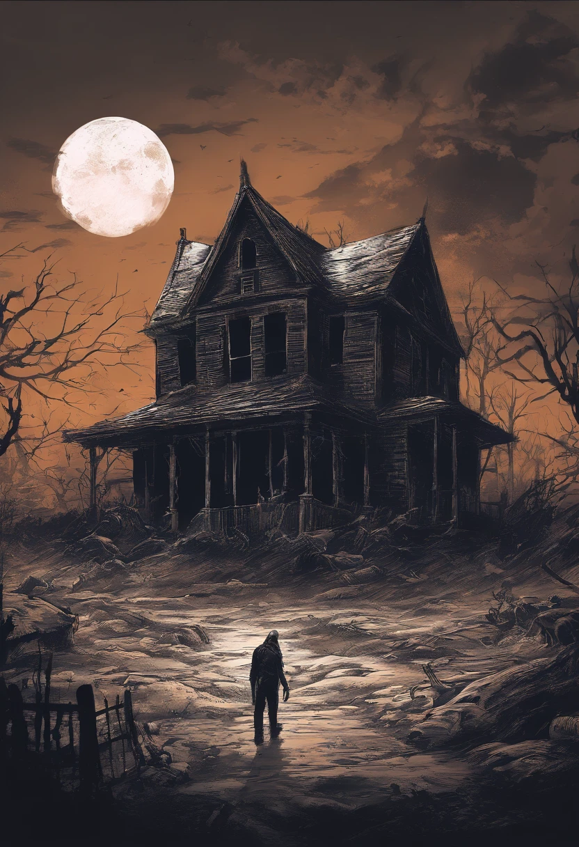 (night landscape), Horror, haunted, dead body, calavera, Images depicting hell, Necronomicon, Image Style Painting, Realistic, shadowy, hard disk, High quality, Cinematic