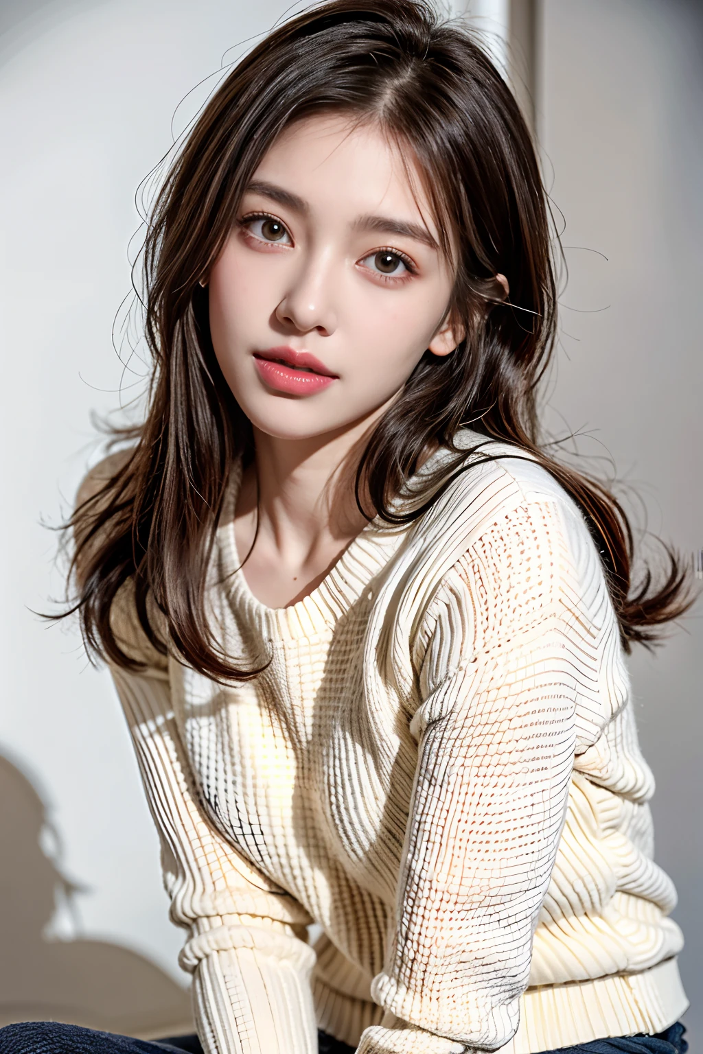 (RAW photo, Best quality), (Realistic, photo-realistic:1.2),High quality, (highdetailskin:1.4), 1girll,Lie on the table,Sweaters,huge tit