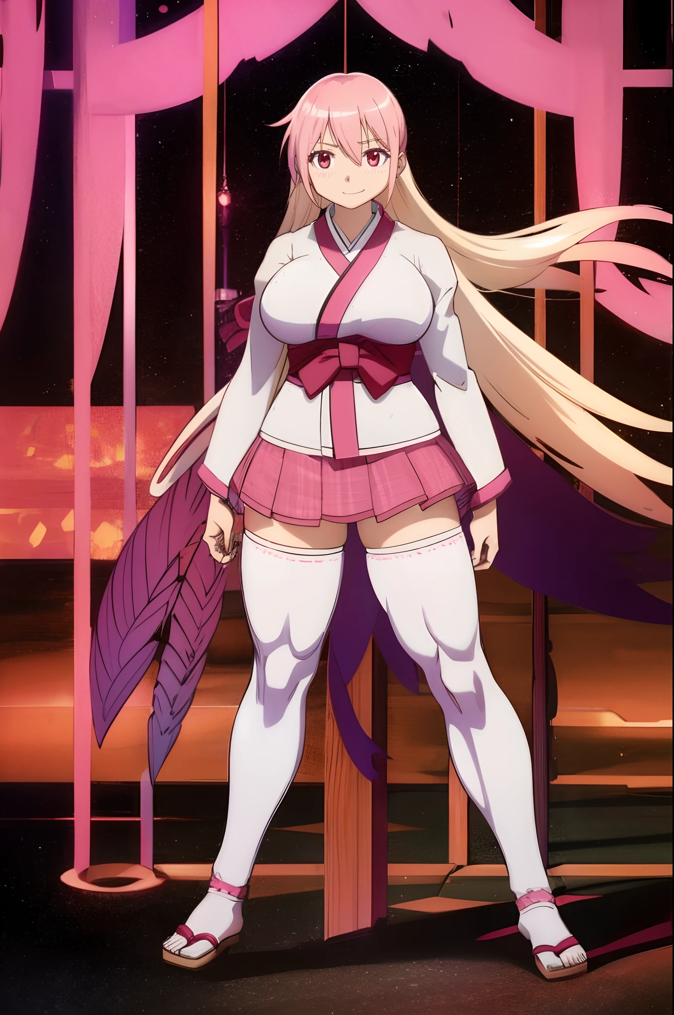 pink,madoka, musclegirl, crazy smile, babarian, revealing cloths, long hair, living hair, red eyes, full body, feet,huge breast, kimono