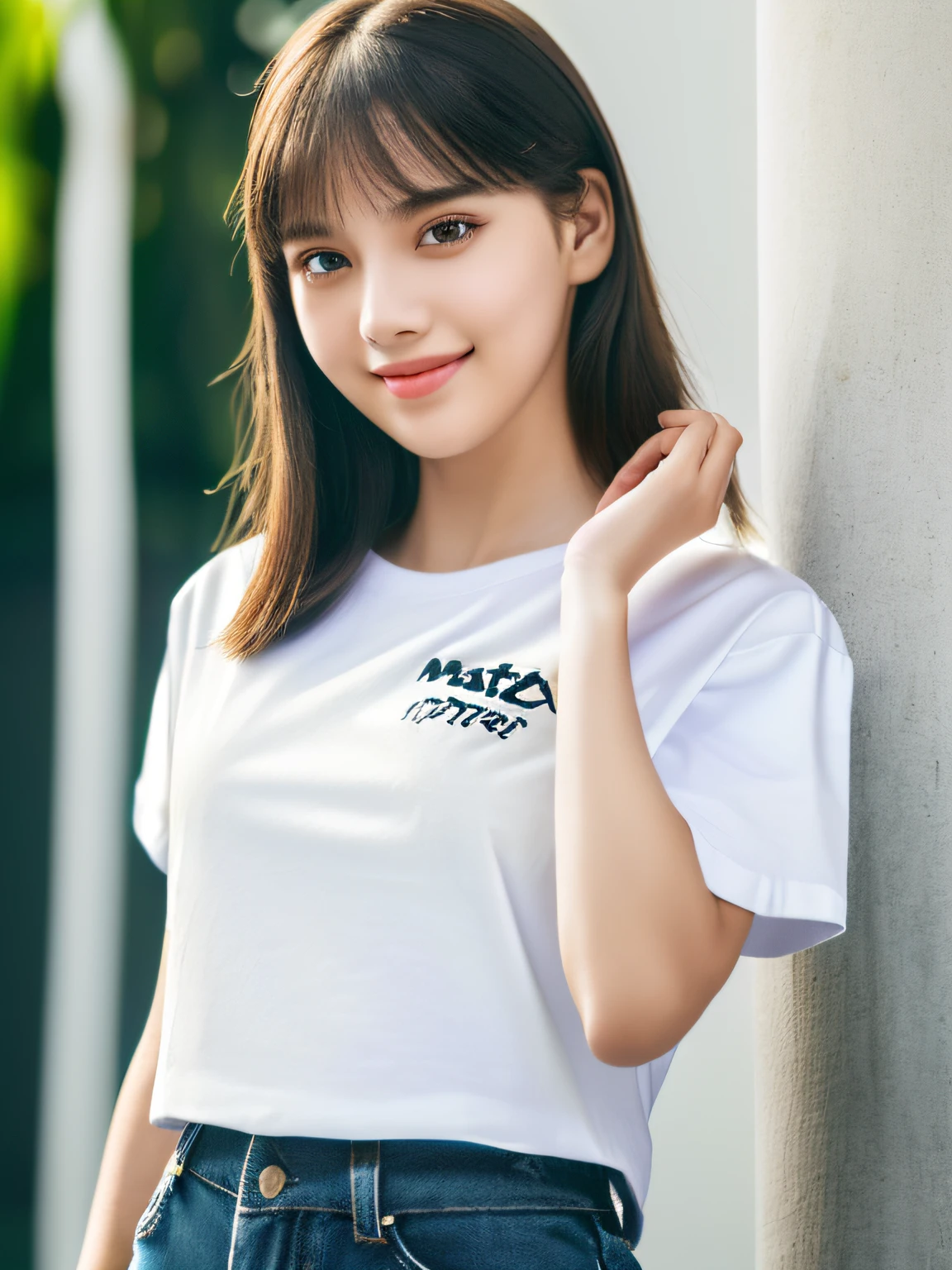 (full body),1 girl,high school student,(plain white t-shirt:1.4),light smile,
master piece,8k,(master piece,ultra high resolution:1.5),(master piece,photorealistic:1.5),(master piece,best quality,ultra detailed:1.5) master piece,detailed eyes,master piece,detailed face,