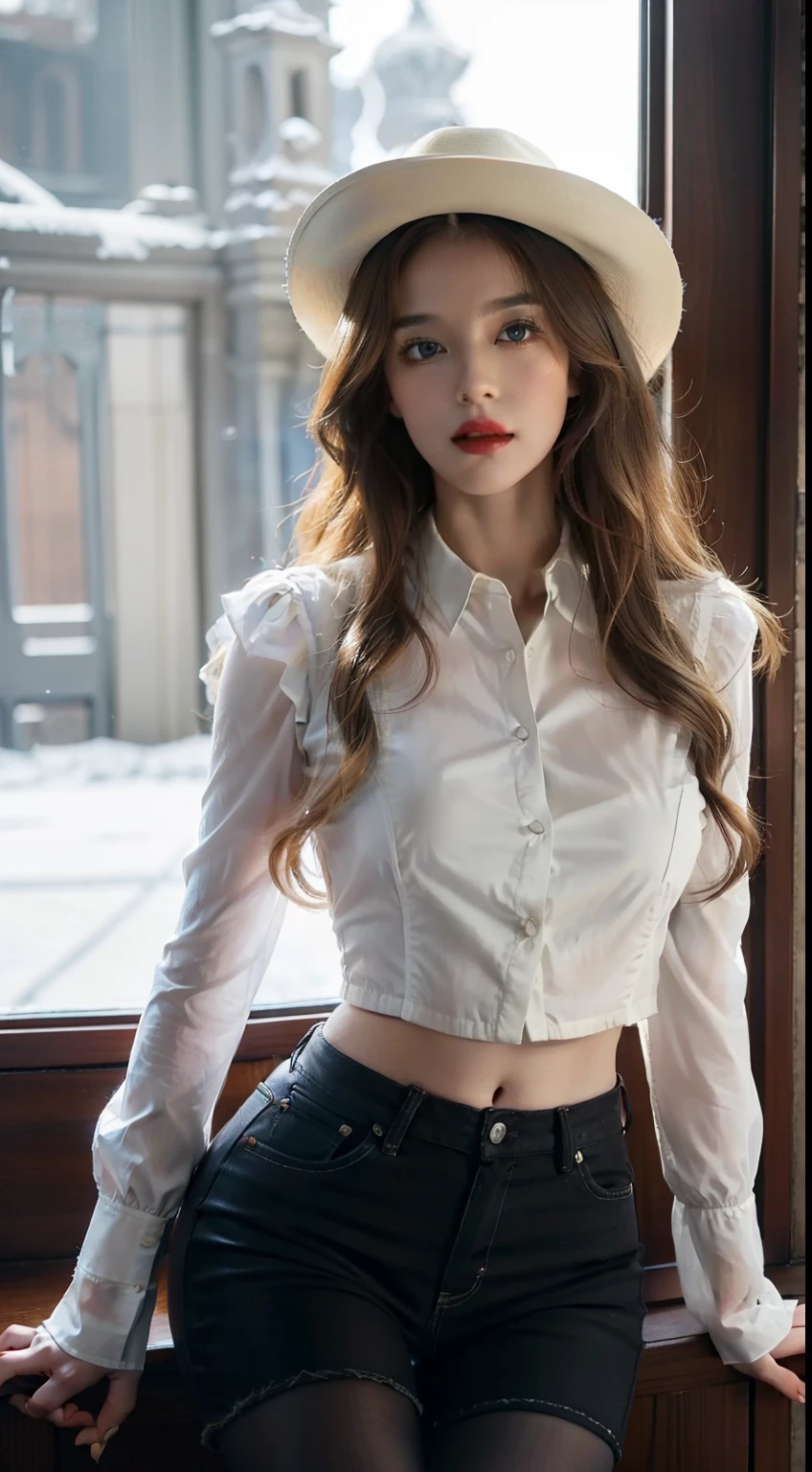 1 European and American western cowboy beauty:filigree，Royal Sister，Beauty model，White transparent shirt uniform（Short to the waist），Plus a brown vest，Wear a cowboy hat，revealing her belly，Black jeans，Hot and sexy body，Long flowing hair，Wear black stockings，Thin limbs，Snow-white skin，There is light in the eyes，Melon seed face，Flaming red lips，Make provocative seductive gestures，curlies，Leaning against the window，Blonde hair，Seductive and captivating，Blue pupil，domineering side leak，二重まぶた