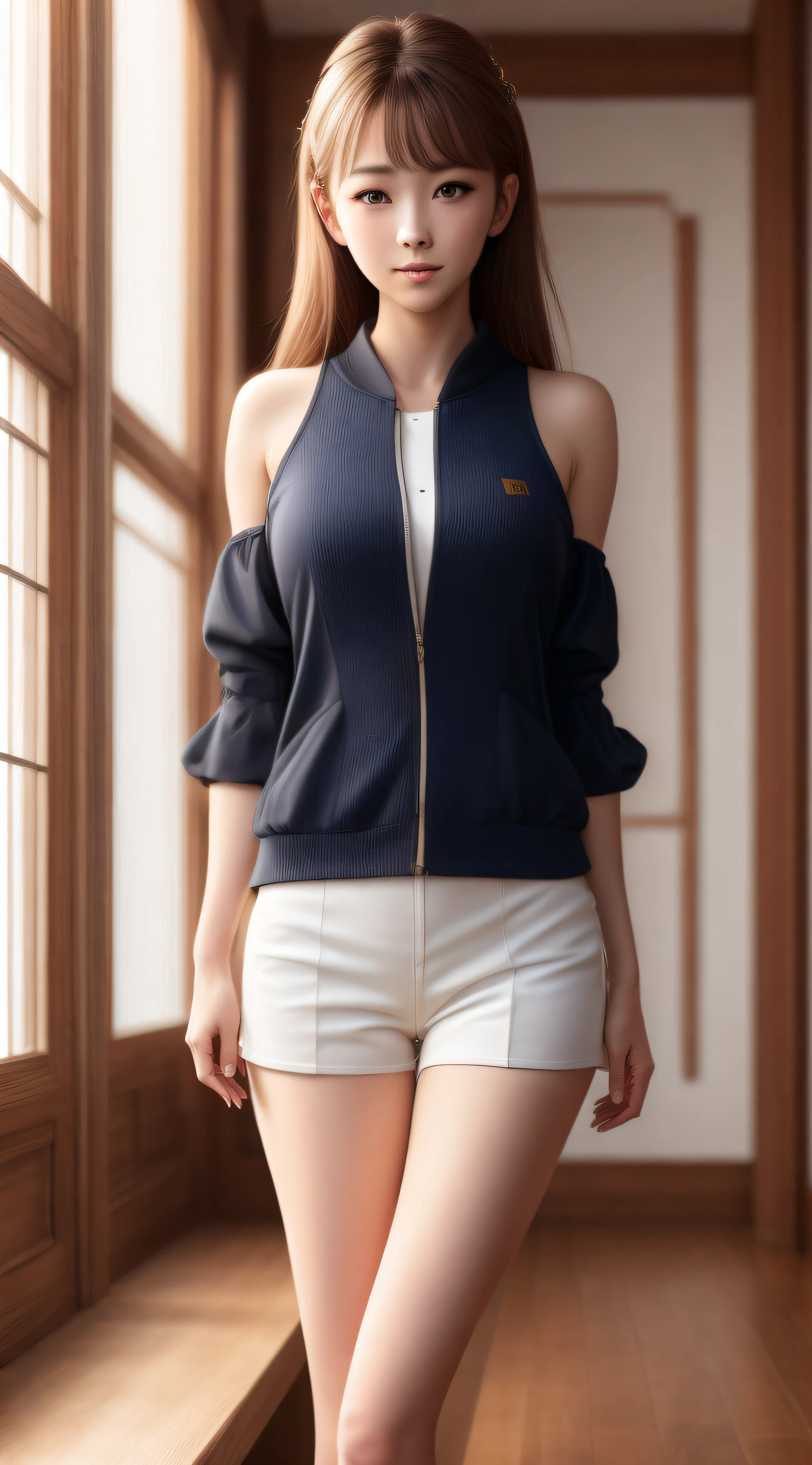 Best quality,masterpiece,ultra high res,(photorealistic:1.4),anime girl,shoulder,charming, full body, slim legs, Looking at the camera