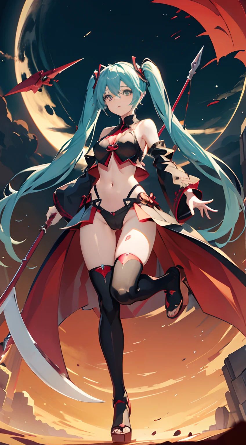 miku hatsune、Build weapons with your own blood and fight、Blood droplets、Red scythe、night skyscraper、Anime Face、glareing、Erotic costumes、Braless、big butts、open one's legs、flying though the air、detailed buttocks、A detailed face、