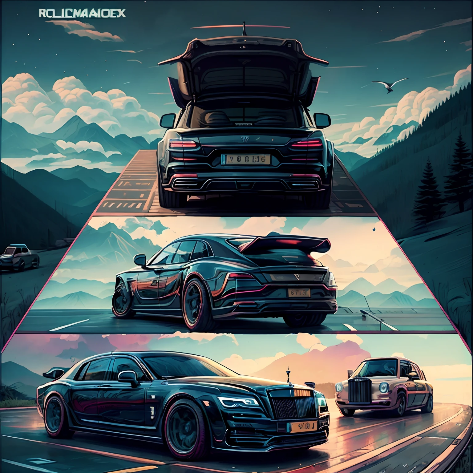 Rolls-Royce Phantom+camper+Pop-up roof+Porsche Carrera 4GTS+colourfull+longbody+computer graphics+Horizontal length+Diagram Include all prompts Camper Camper