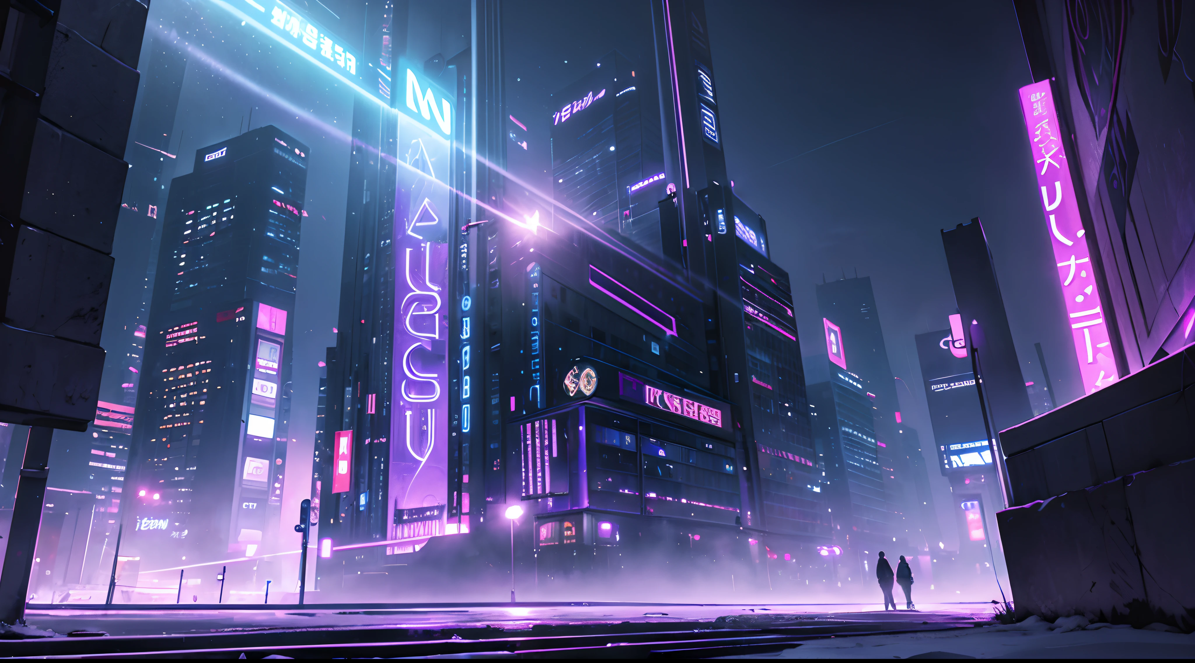 Make A dreamscape style Art Work wallpaper (("masterpiece")) Atmospheric Snow, cinematic Moody purple, dark moody, moody LUT, City Landscape, Dark purple Atmosphere, Purple teal, Neon Sign, rim light, Beautifull, hyper detailed,