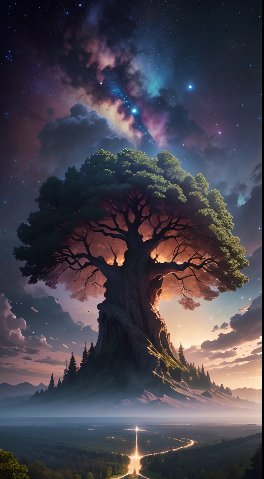 in the center of the image, un grand Arbre de Vie. In the background, A majestic celestial gate. Around the Tree, Thousands of people contemplate its beauty, impressionnant, Cryptic, clair.