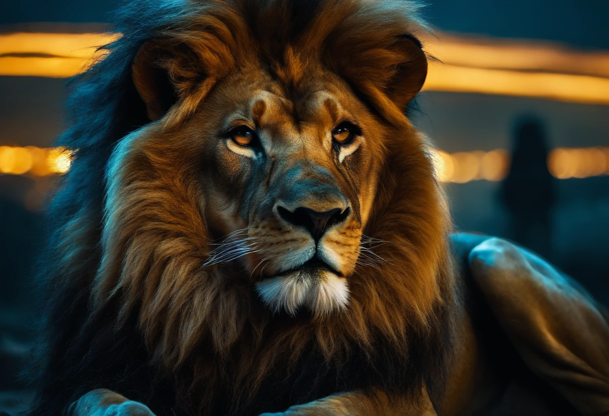 Close-up portrait of a lion, um urso e um coelho, Humanoids and Heroes, in an apocalyptic scenario with an alien, cinemactic, etherial lighting, noite escura e nublada, Intricate Pose and Composition
