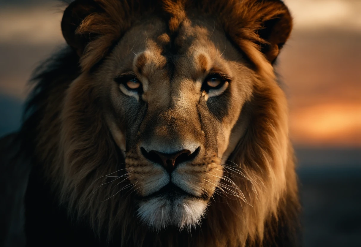 Close-up portrait of a lion, um urso e um coelho, Humanoids and Heroes, in an apocalyptic scenario with an alien, cinemactic, etherial lighting, noite escura e nublada, Intricate Pose and Composition