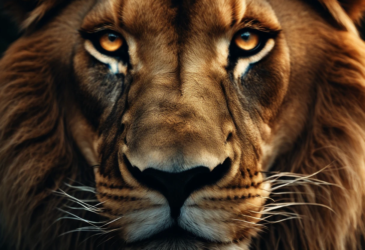 Close-up portrait of a lion, um urso e um coelho, Humanoids and Heroes, in an apocalyptic scenario with an alien, cinemactic, etherial lighting, noite escura e nublada, Intricate Pose and Composition