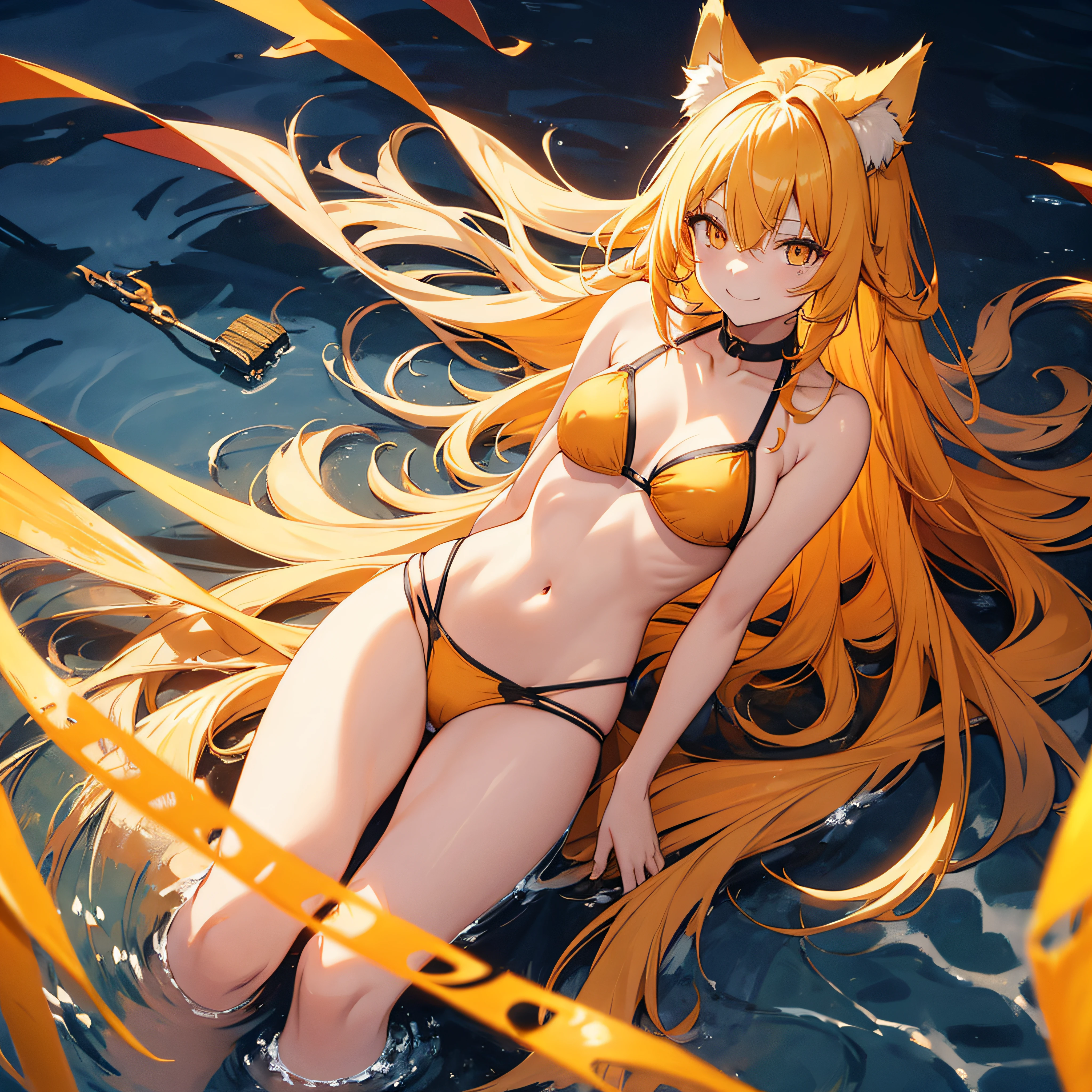 Woman in bikini in river、yellow hair、Orange hair、Golden Eyes、Wolf ears、Wolf's tail、Medium chest、A smile、Very long hair、hair messy、(One Woman)、full body Esbian、barechested、simple background、teats、(The upper part of the body:0.7)、top-quality