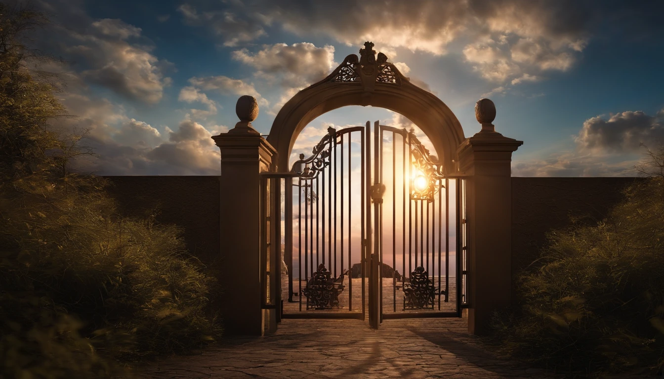A vast sky where a door to heaven is opened and a light shines from within the gate
