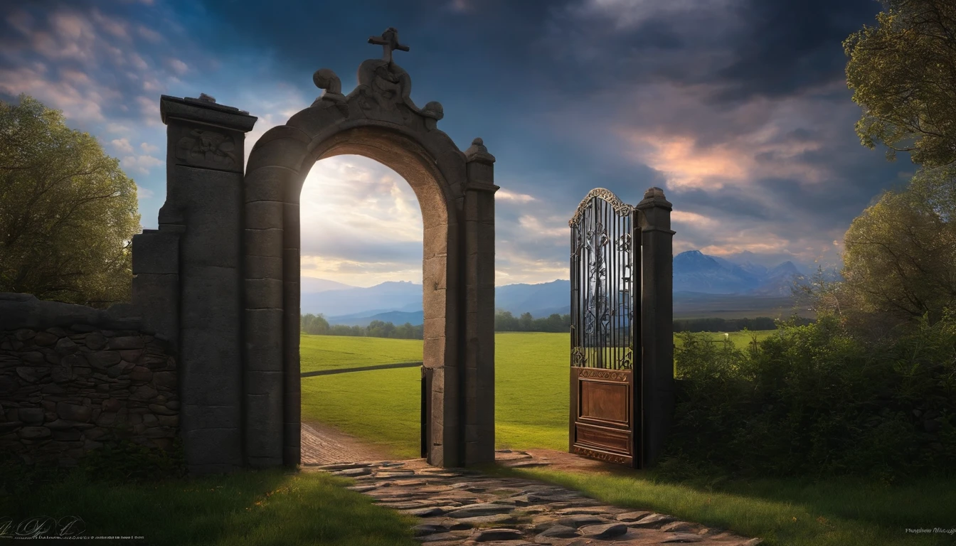 A vast sky where a door to heaven is opened and a light shines from within the gate