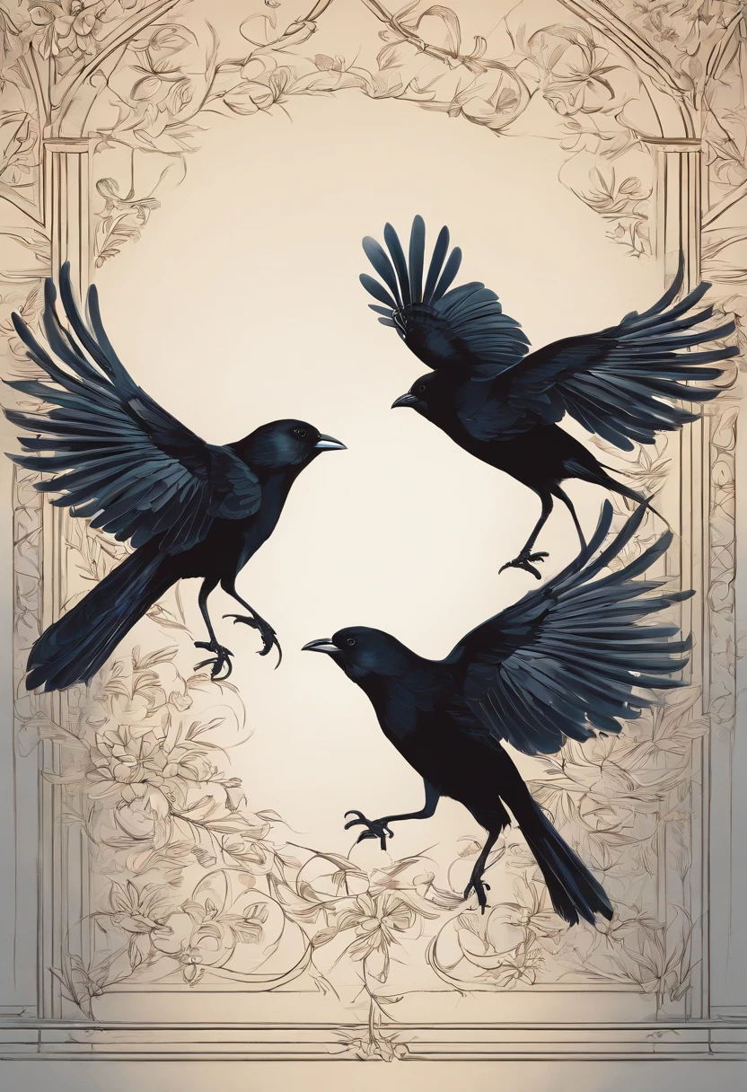 2D illustration, Unshaded, Depthless, Illustration-style line border depiction, Two magpies standing on two legs and swinging dance, Spread your wings, The wings are stacked, Backgrounds are monochromatic, spotlights, Bright atmosphere, Standing on two legs on the floor, Facing each other and bumping their wings, Dancing, Merriment