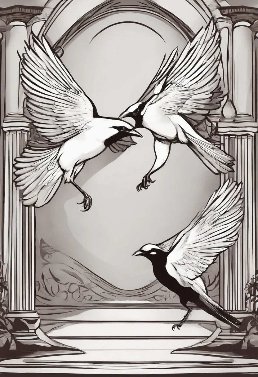2D illustration, Unshaded, Depthless, Illustration-style line border depiction, Two magpies standing on two legs and swinging dance, Spread your wings, The wings are stacked, Backgrounds are monochromatic, spotlights, Bright atmosphere, Standing on two legs on the floor, Facing each other and bumping their wings, Dancing, Merriment