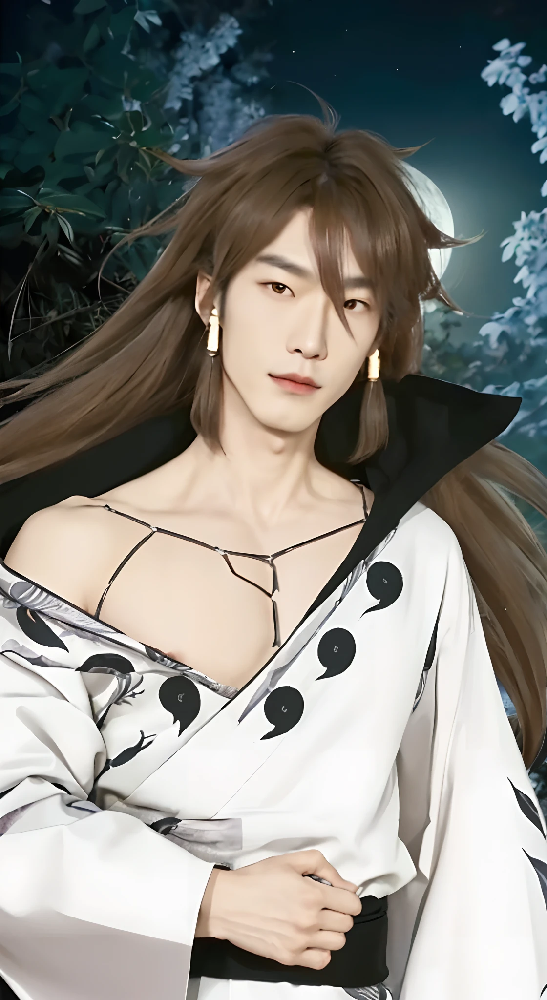 Real life adaption of this character, Korean Handsome face, cool expression (realistic same hair long spiky, realistic same kimono outfit,(same logo printed on his outfit), realistic background Nature with moonlight view, hyper realistic, realism, realistic light, realistic shadow,(photorealistic:1.2), looking to viewer,same accecories in the head, muscular man body