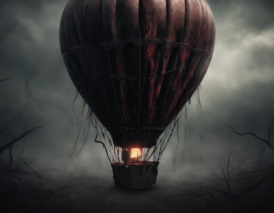 (masterpiece, best quality, absurdres, create an epic artwork of bloody ghostly hot air balloon, ((fantasy art)), colorful, volumetric lighting