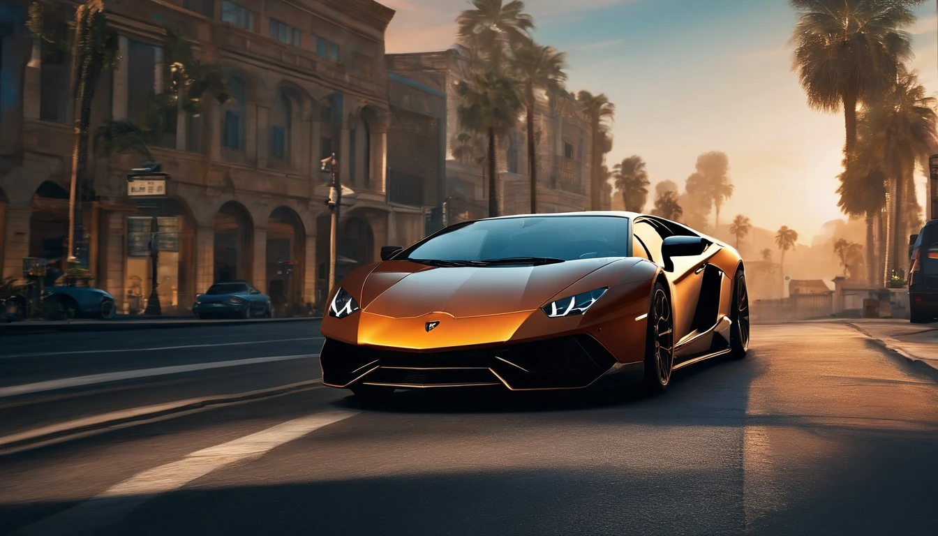 Close-up of a Lamborghini car parked on a city street, wallpaper mobile, filmposter, TV wallpaper, As a matrix, Inspirational poster,Black Lamborghini cars,  Money falls from the sky,Movie wallpaper 4k, Movie 4K wallpaper, LUT matrix, poster for!!!, Grand Theft Auto V poster style, automotive photography, cinematic matte illustration, matte digital illustration, Paper awesome wallpaper, Matte paint movie poster, GTA loading screen art, wallpaper mobile