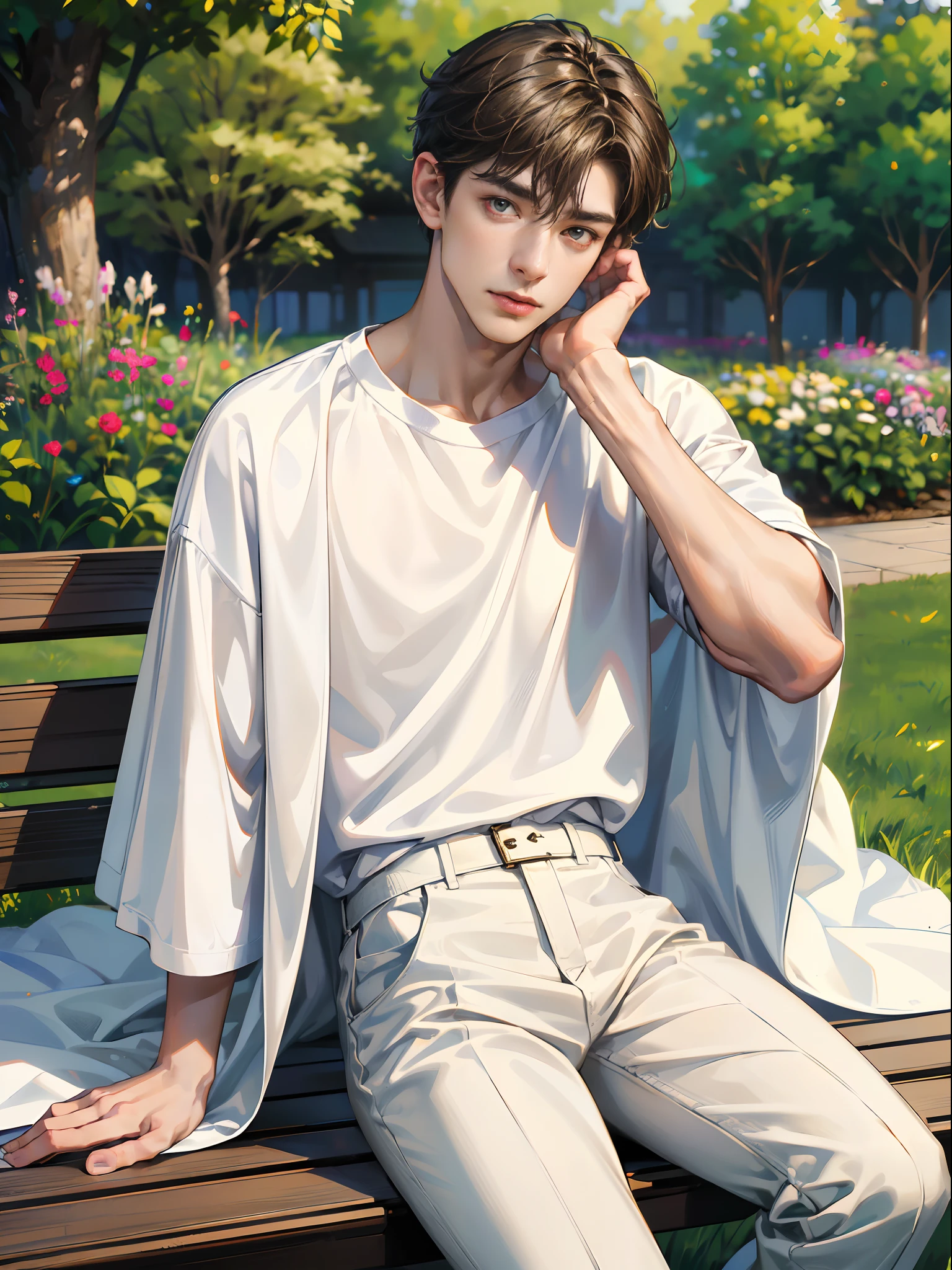 (absurdres, highres, ultra detailed, HDR), masterpiece, best quality, 1boy, solo, handsome, short hair, dark brown hair, finely eye and detailed face, ((loose white t-shirt)), (white jacket), (pale and white skin), look at viewer, ear piecing, sitting on bench, park in background