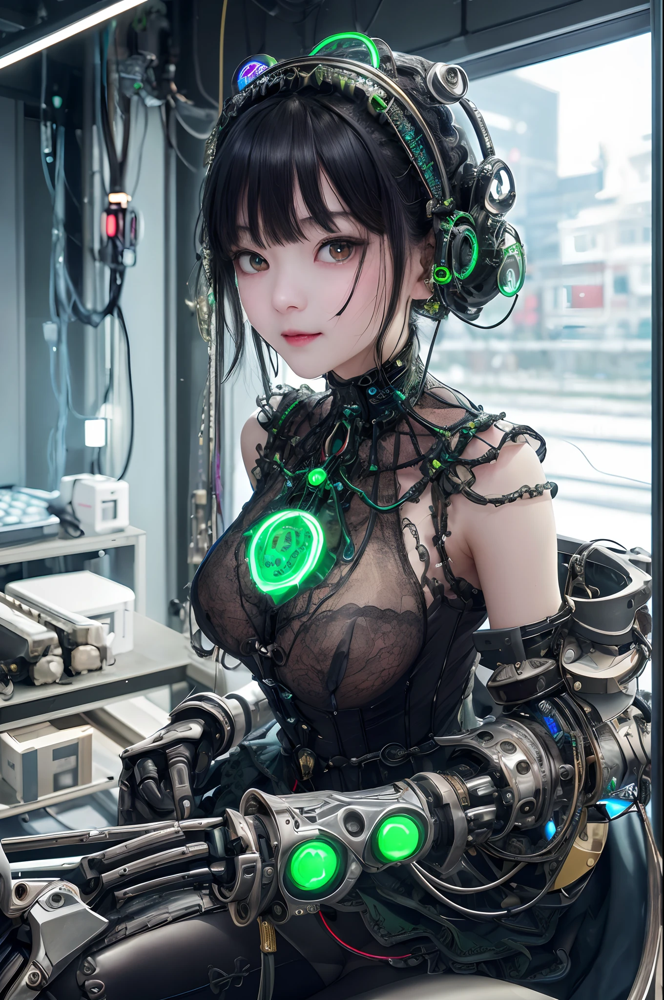 top-quality、​masterpiece、超A high resolution、(Photorealsitic:1.4)、Raw photo、女の子1人、Black hair、glowy skin、1 Mechanical Girl、((super realistic details))、portlate、Global Illumination、Shadow、octan render、8K、ultrasharp、Colossal tits、Raw skin is exposed in cleavage、metals、Details of complex ornaments、face perfect、Gothic Lolita details、Analog Meter、Hydraulic cylinder、highly intricate detail、Realistic light、CGSoation Trends、green colored eyes、radiant eyes、Facing the camera、neon details、Mechanical limbs、blood vessels connected to tubes、mechanical cervical attaching to neck、sitting on、Wires and cables connecting to the head、Small LED lamp、Image of AI、The background is the server room、TOKYOcty、jpn、