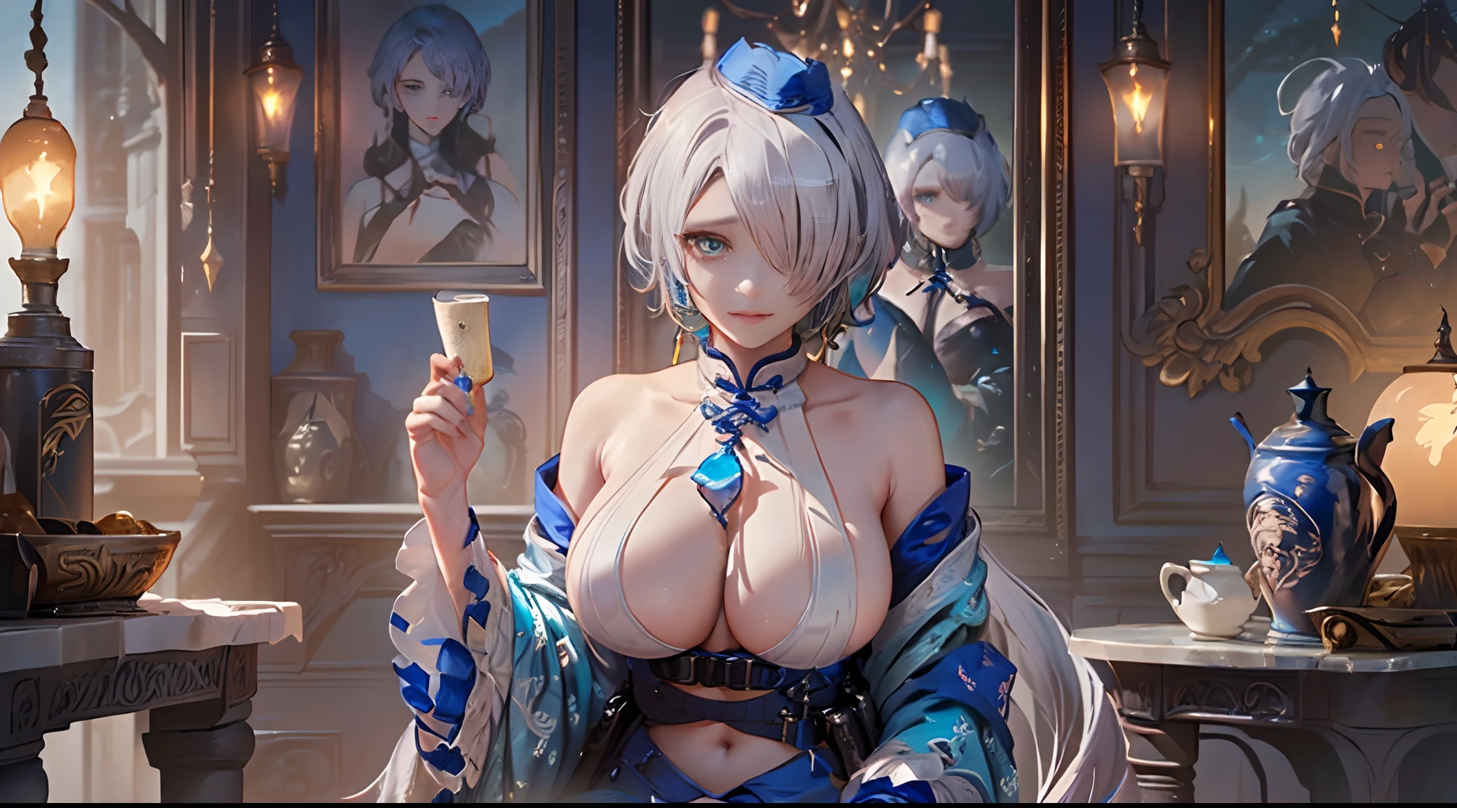 CGSetsoty Trends、Fantasyart、beautiful character painting、((Luxurious decoration、Luxurious interior、ue、antique))、Full body Wuxia、epic exquisite character art、Stunning character art、Beautuful Women、(((beautiful and very large udder、Chest about to burst、1 girl、Soio、One lady、hide one eye,Outer silver hair、Blue hair inside)))
