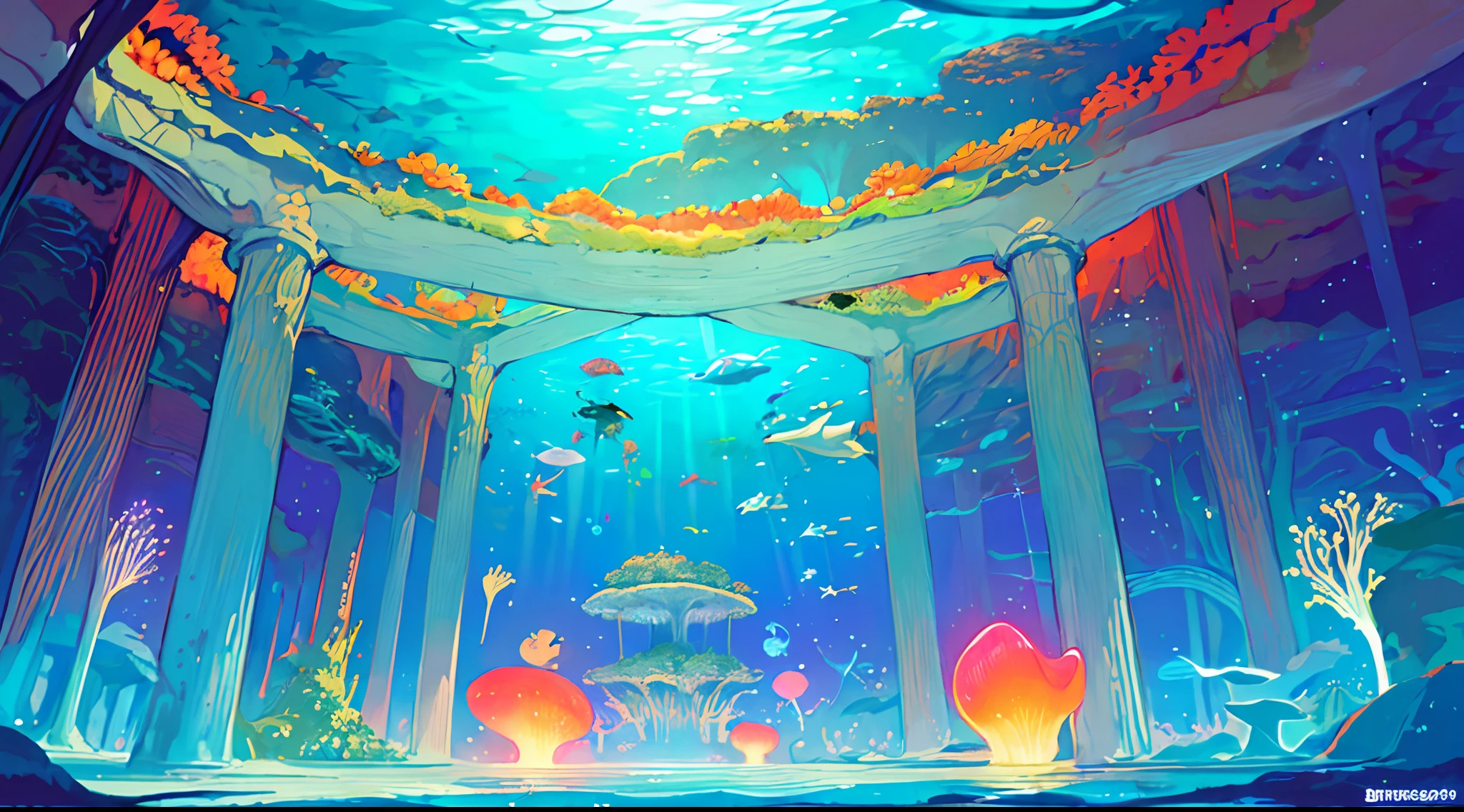 masterpiece, hightquality,Colorful undersea city, Colorful marine life, Marine forest, City of Borgar, Fantastic Fantasy, glowing plants, Coral Viaduct, (A flock of glowing jellyfish), (School of fish with transparent wings flying in the sky), foggy, Extreme detailing, Morning light, Magnificent composition, (intricate detailes), (intricate designs, ultra -detail: 1.2), art stations, (masterpiece, top-quality), Ulutra HD, 32k ,borgar,1girl --v 6