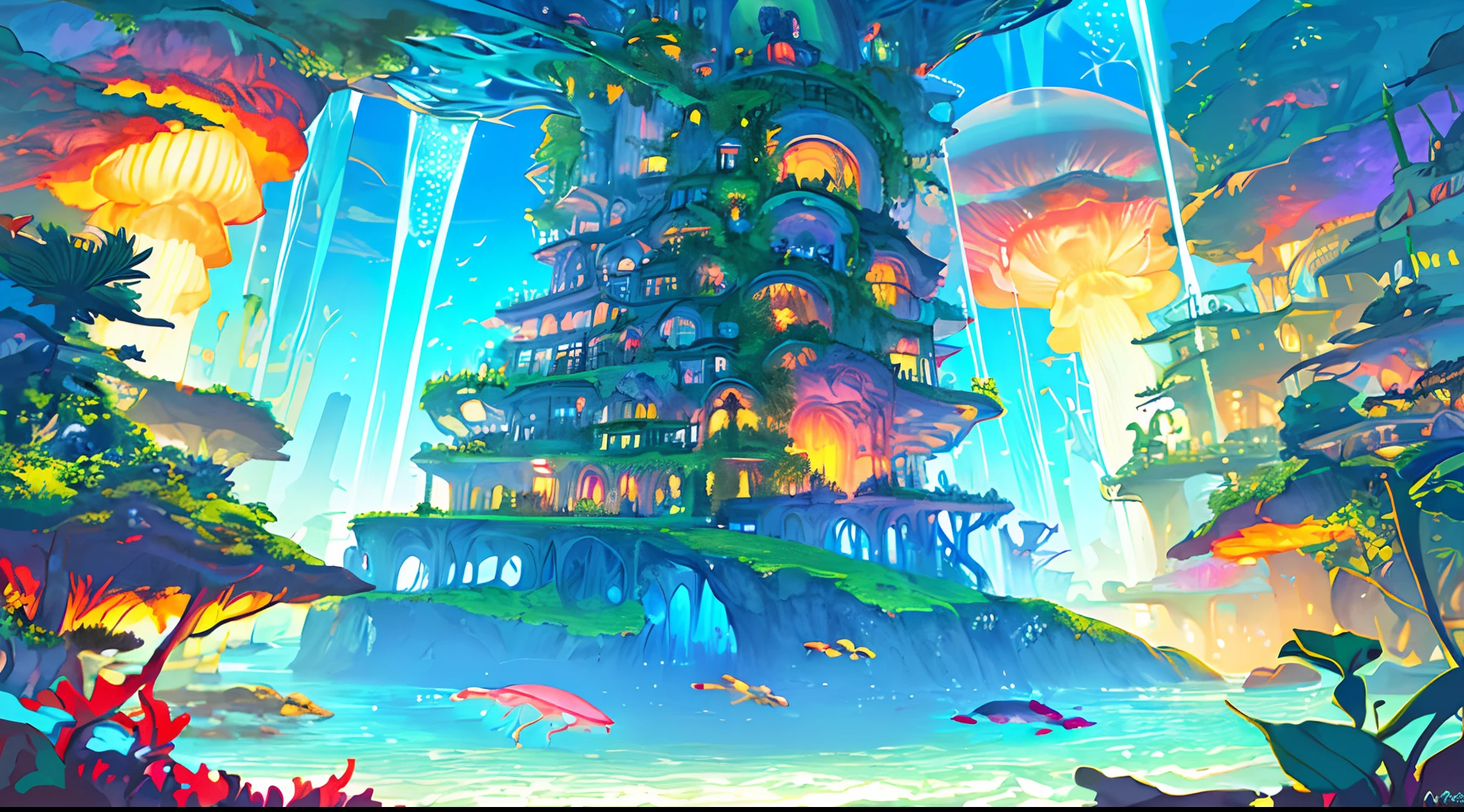 masterpiece, hightquality,Colorful undersea city, Colorful marine life, Marine forest, City of Borgar, Fantastic Fantasy, glowing plants, Coral Viaduct, (A flock of glowing jellyfish), (School of fish with transparent wings flying in the sky), foggy, Extreme detailing, Morning light, Magnificent composition, (intricate detailes), (intricate designs, ultra -detail: 1.2), art stations, (masterpiece, top-quality), Ulutra HD, 32k ,borgar,1girl --v 6