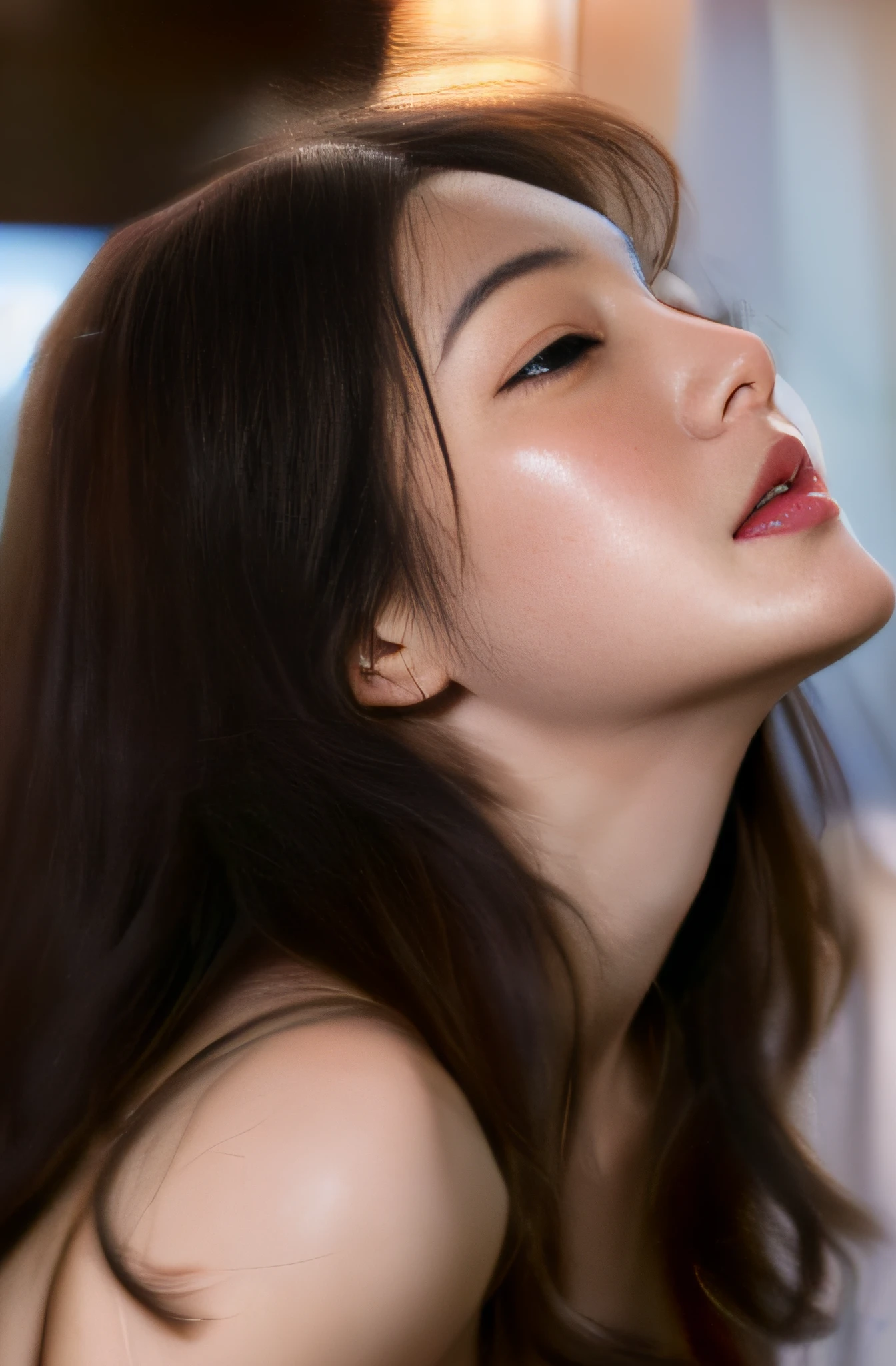 Super Beautiful Adult Face、女優、1 persons、Sleep on your back、Raise the chin、slightly open eyes、Dull eyes、Climax look of thin lipstick、troubled look、Top image quality、masutepiece 、portlate、red blush、fullnude、